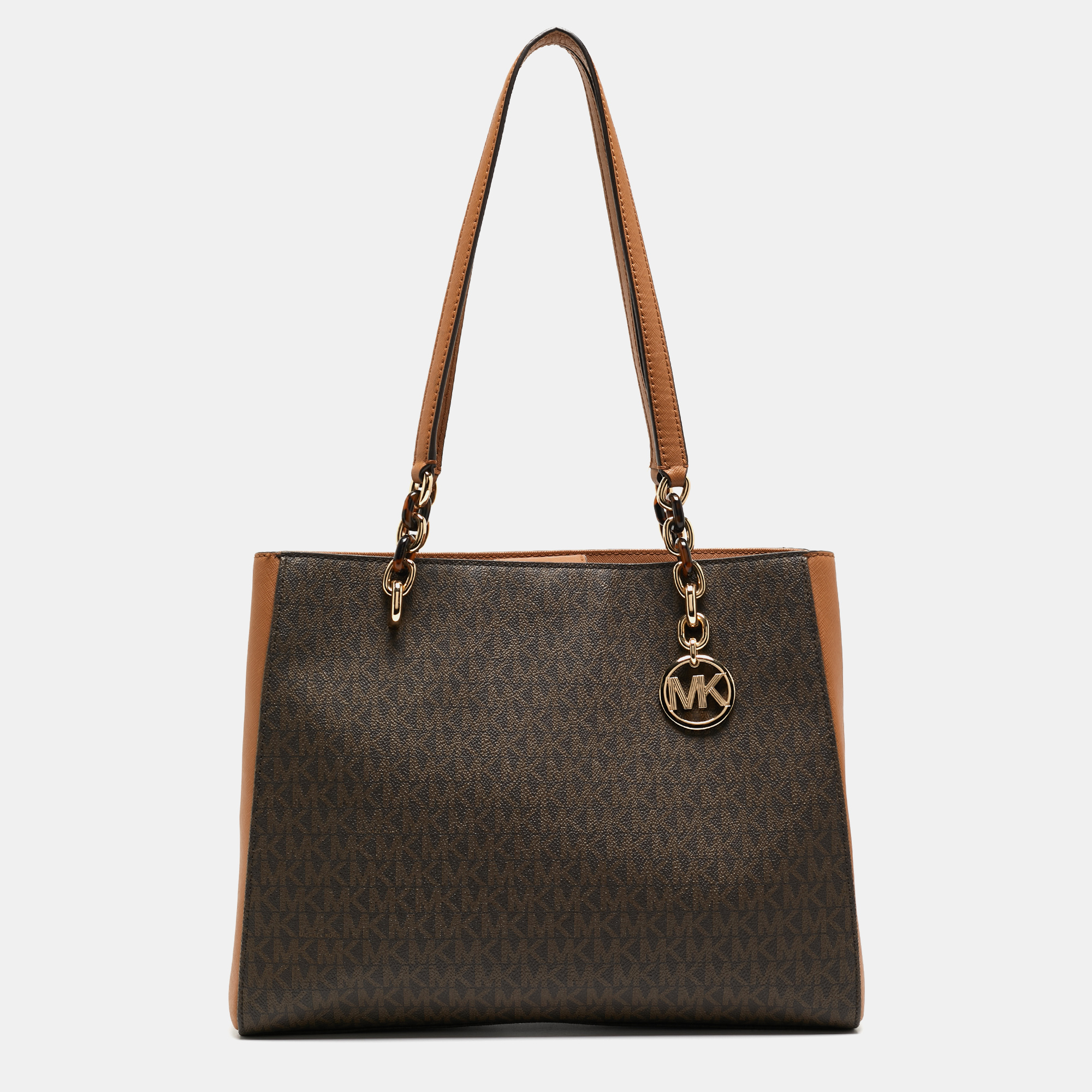 Michael Kors Tow Tone Brown Signature Coated Canvas And Faux Leather Large Sofia Tote