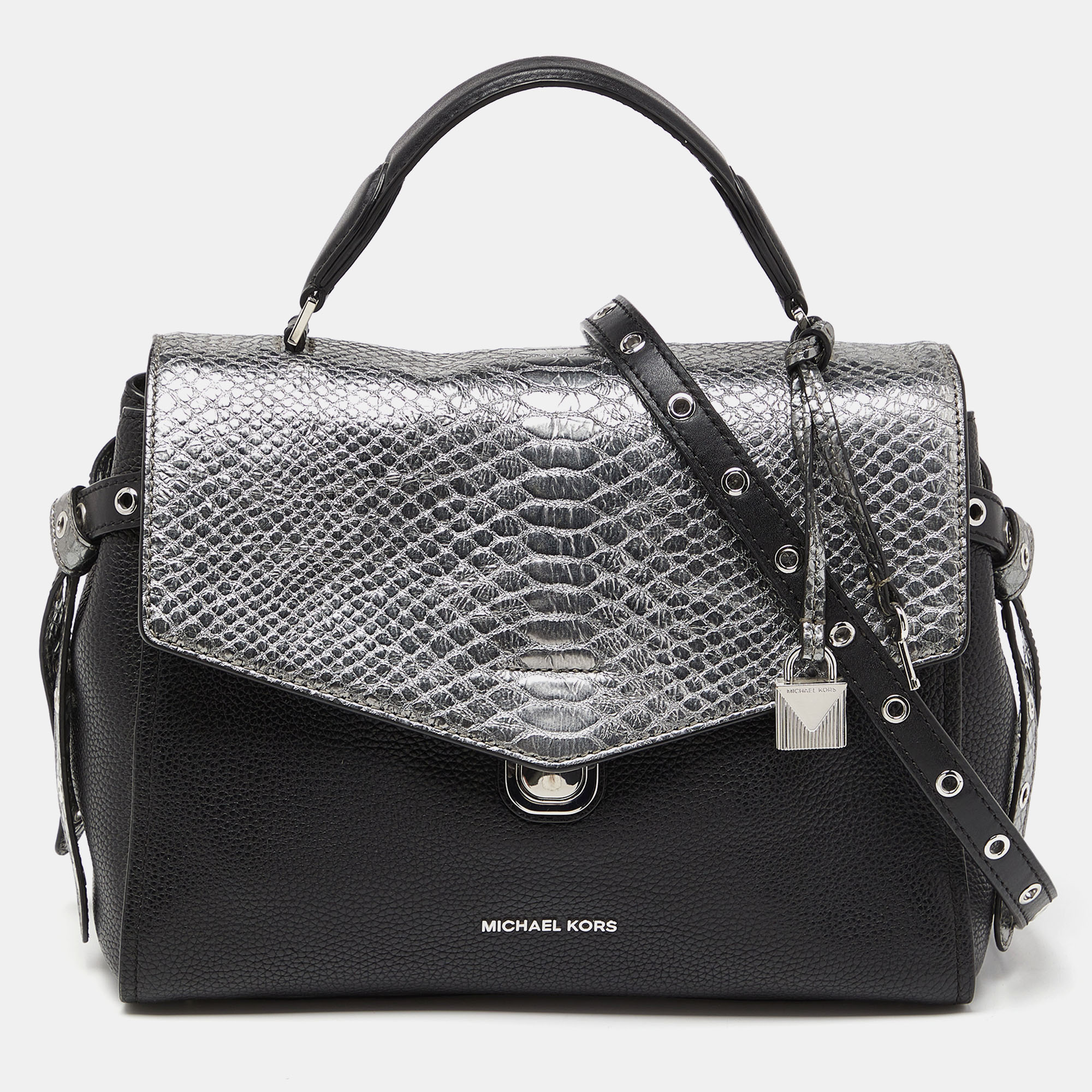 Michael kors black/silver leather and snakeskin embossed leather medium bristol top handle bag