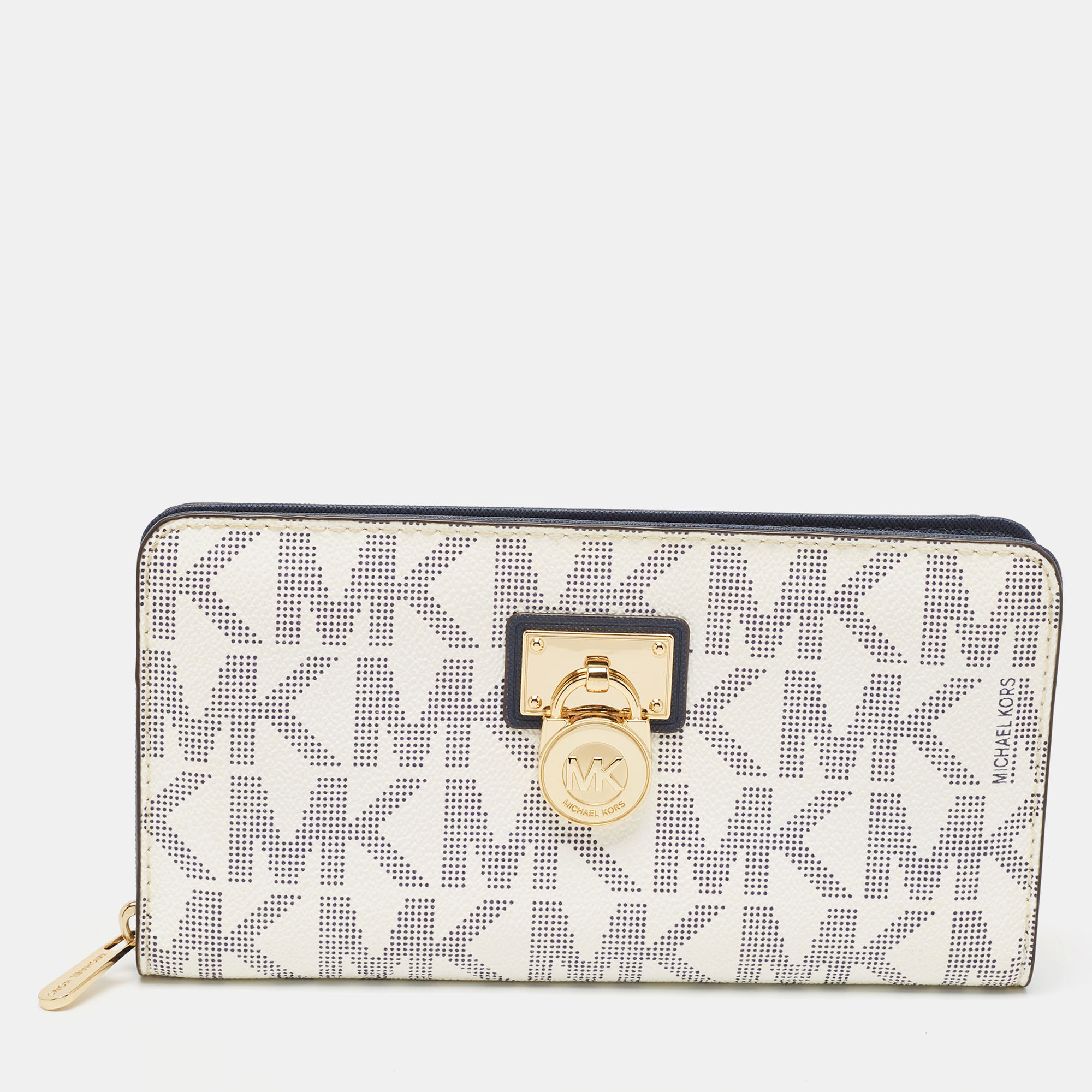 Michael kors  white/blue signature coated canvas hamilton zip around wallet