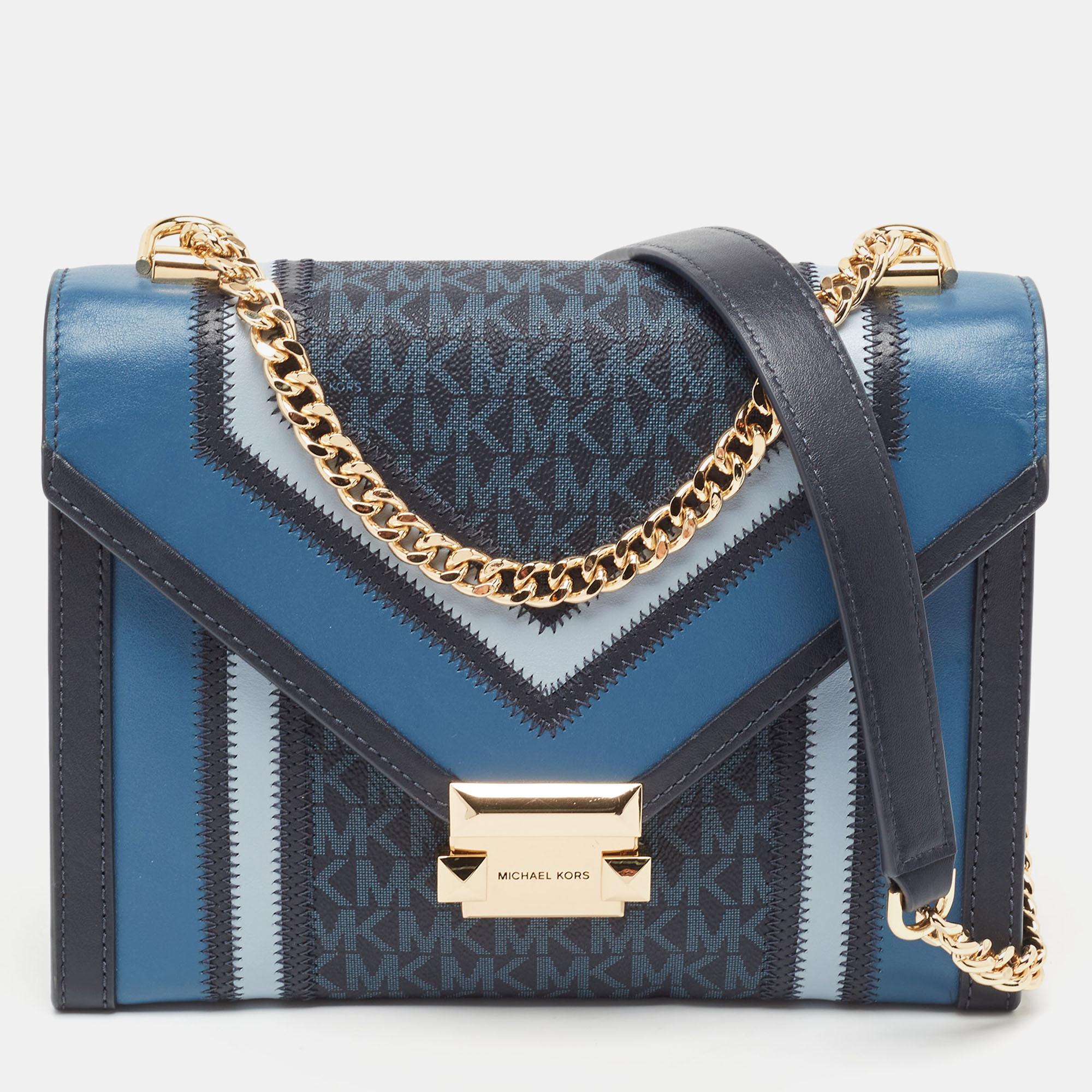 Michael kors blue signature coated canvas and leather whitney shoulder bag