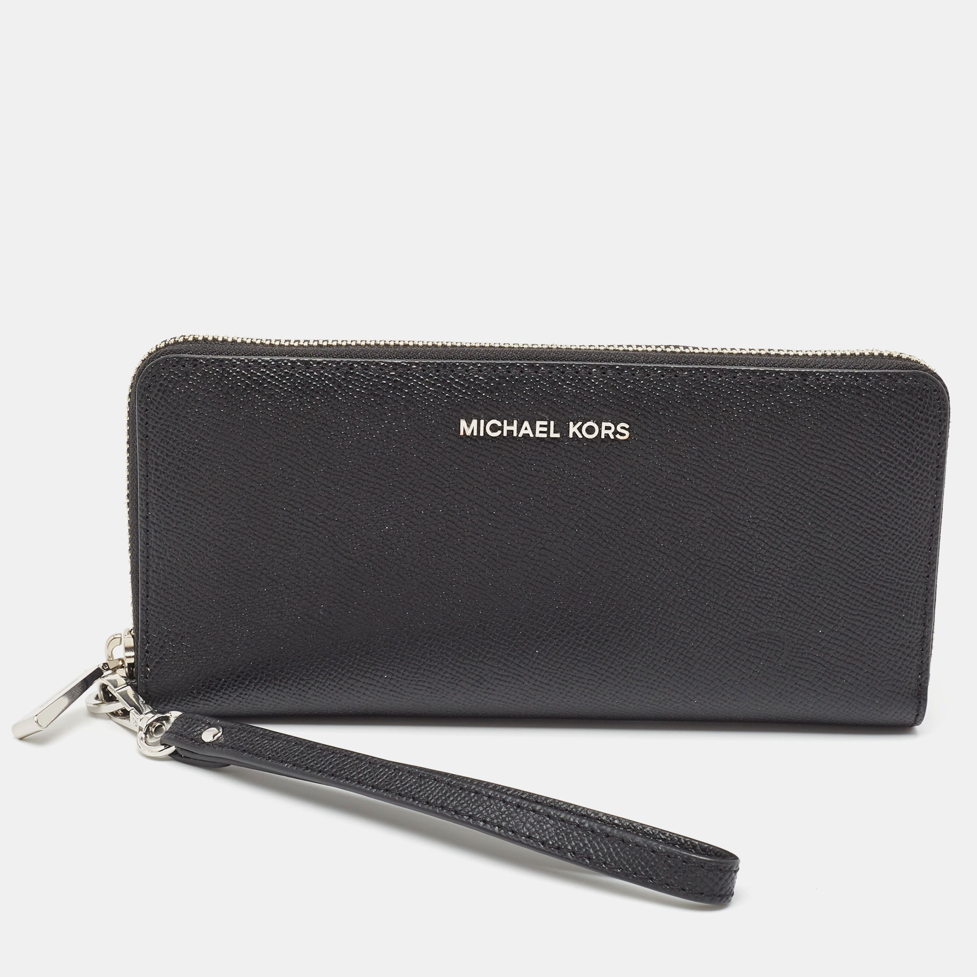 Michael kors black leather jet set zip around continental wallet