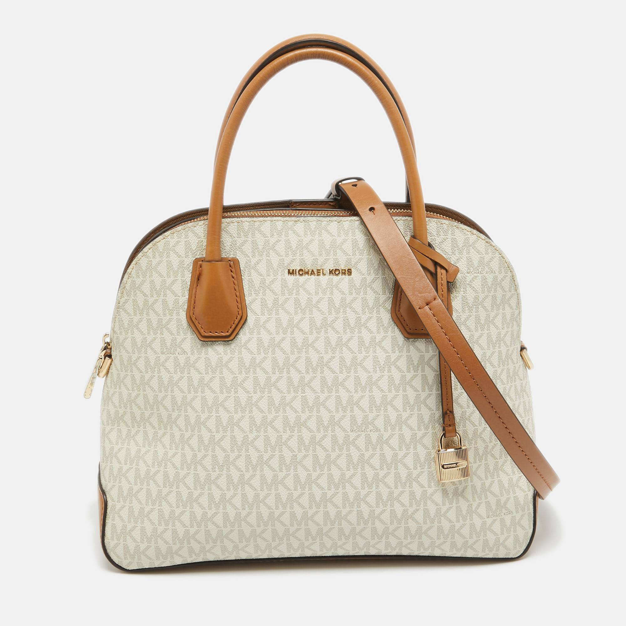 Michael kors brown/white signature coated canvas veronica dome satchel