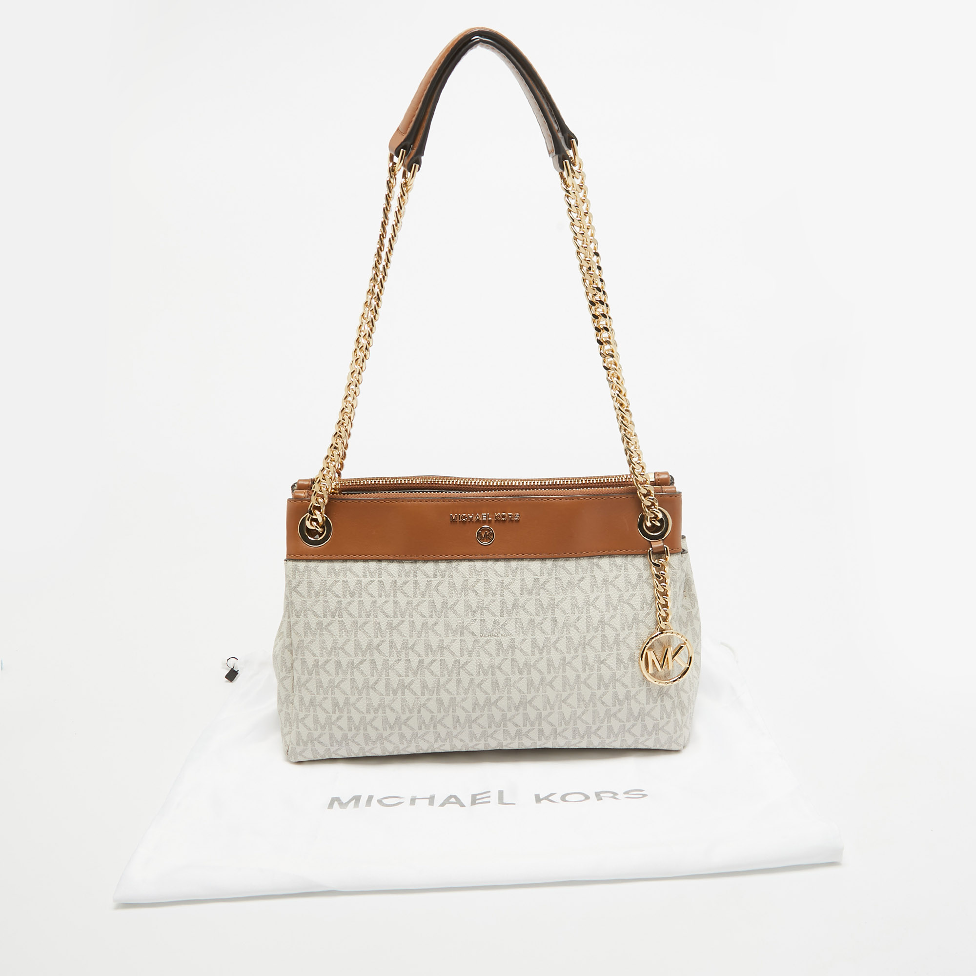 Michael Kors White/Brown Signature Coated Canvas And Leather Small Susan Tote