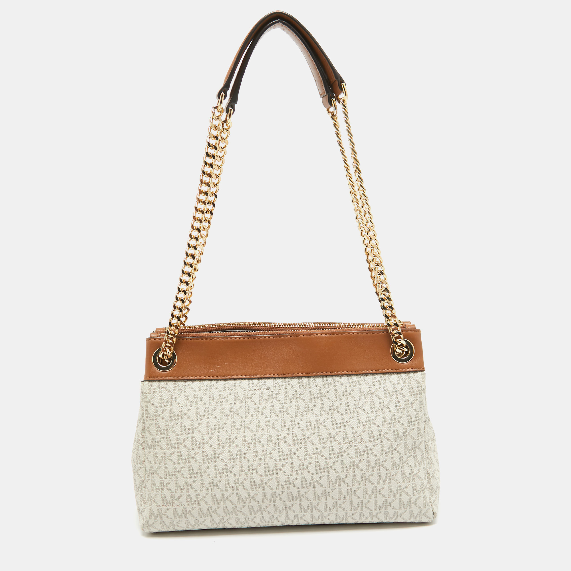 Michael Kors White/Brown Signature Coated Canvas And Leather Small Susan Tote