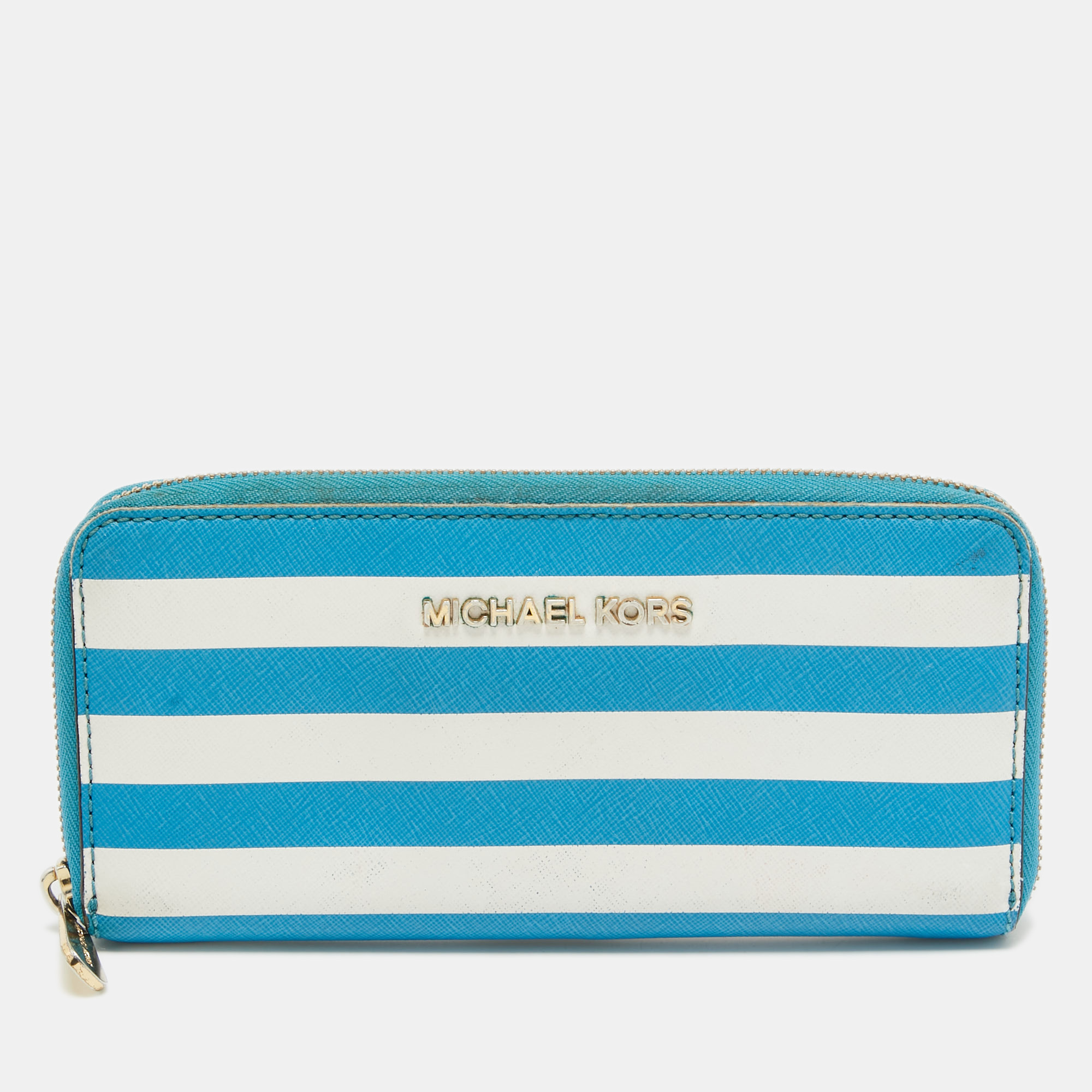 Michael kors blue/white stripe leather zip around continental wallet