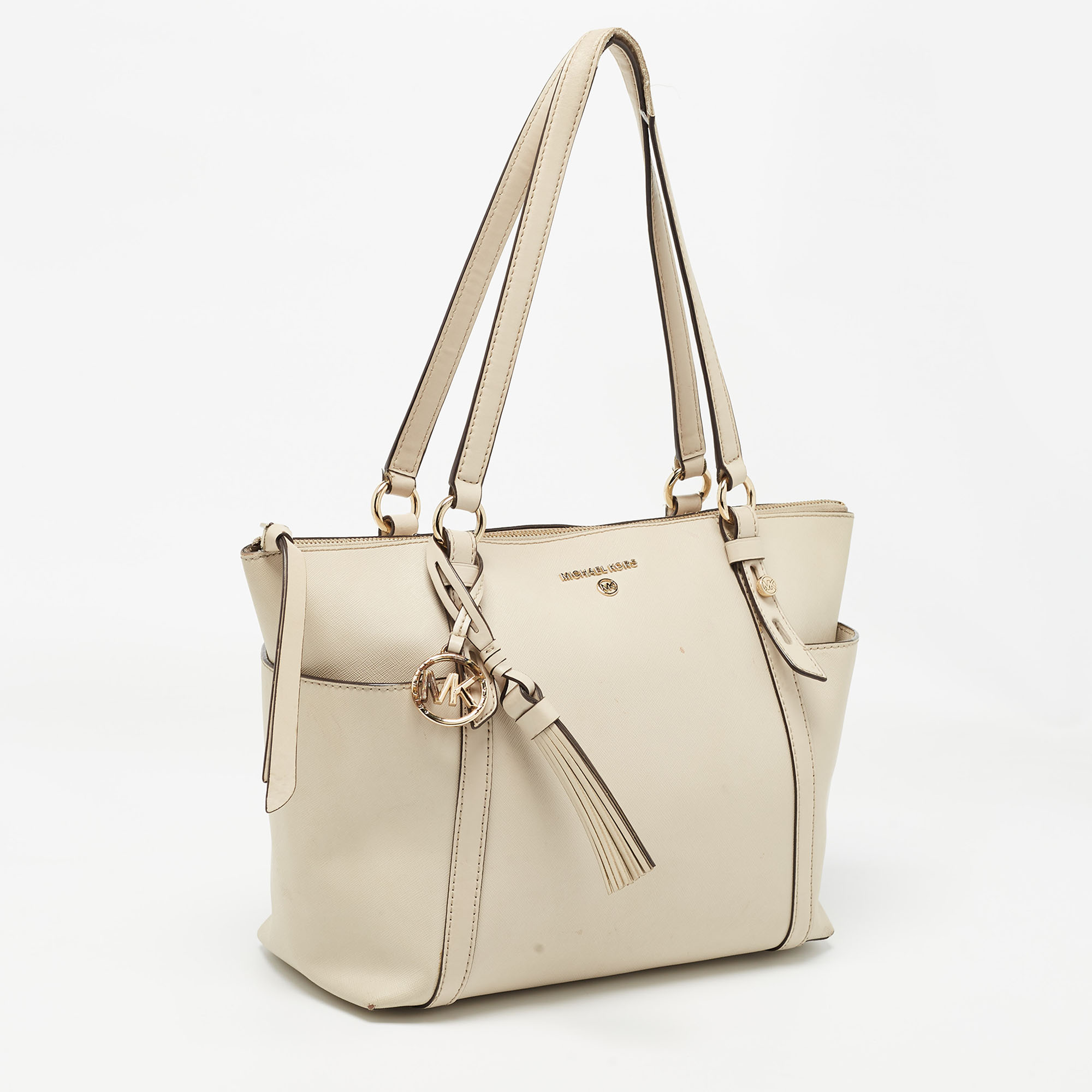 Michael Kors Light Beige Leather Medium Top Zip Jet Set Tote