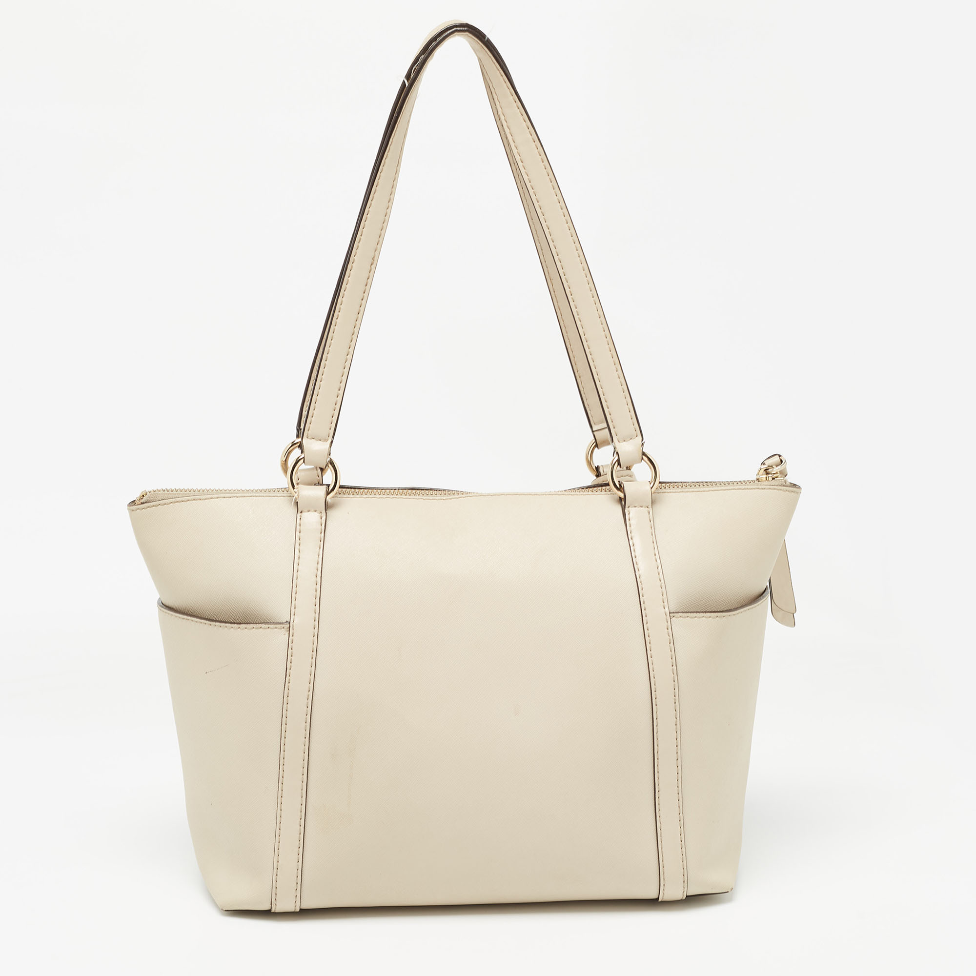 Michael Kors Light Beige Leather Medium Top Zip Jet Set Tote