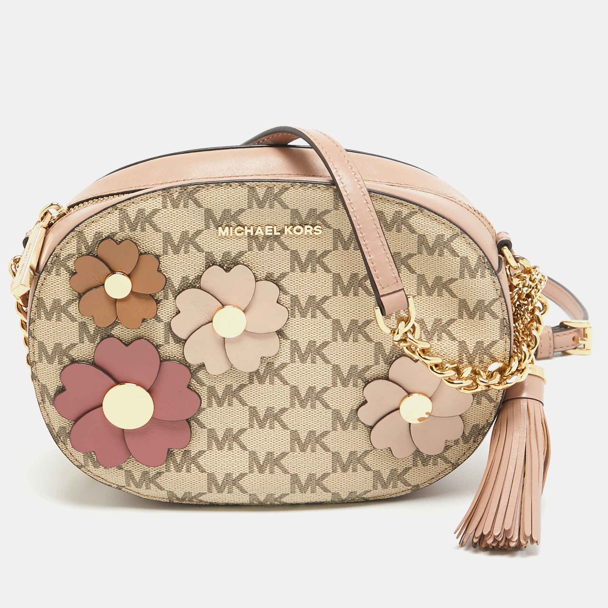 Michael kors old rose/beige signature coated canvas and leather floral applique ginny crossbody bag