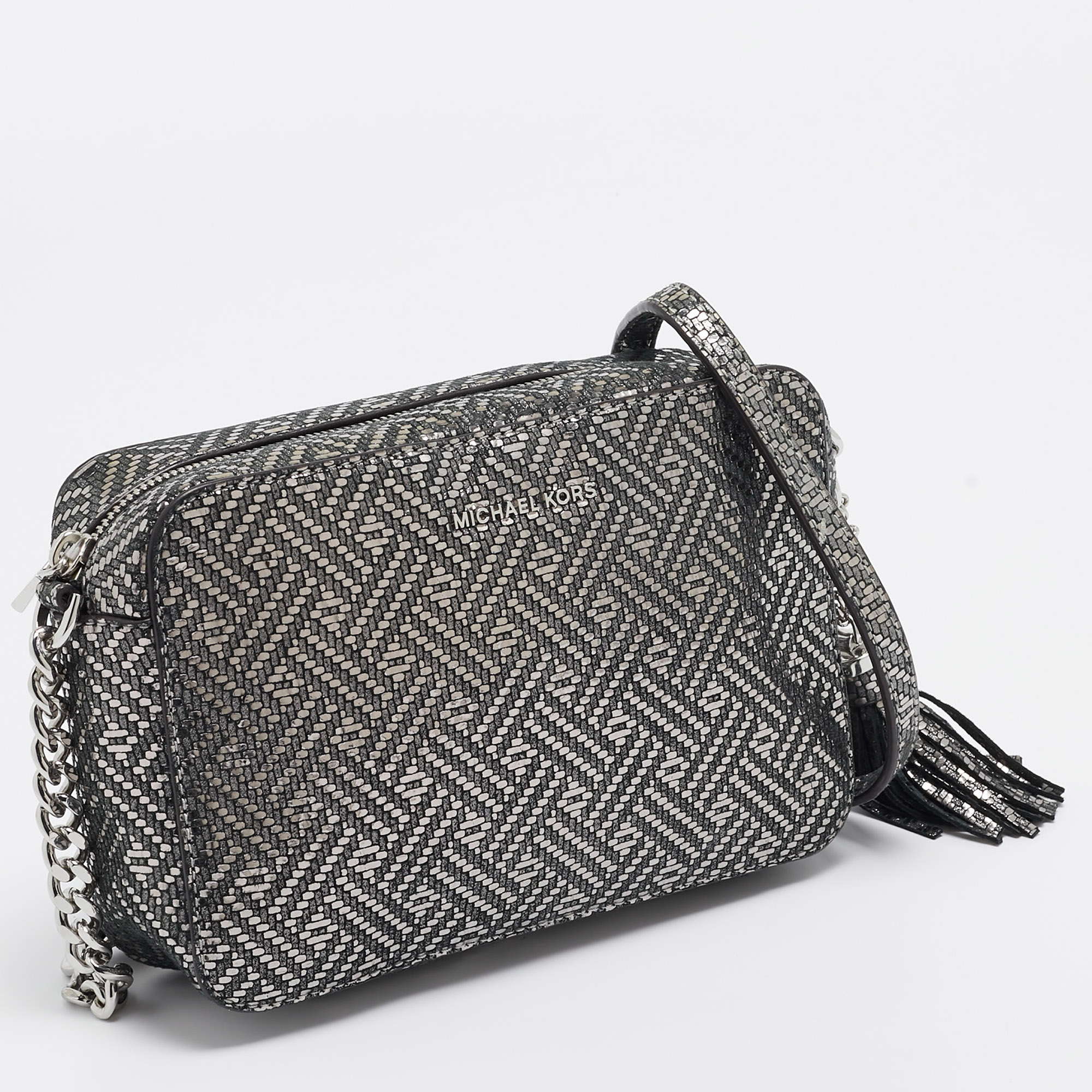 Michael Kors Metallic Grey Textured Leather Ginny Camera Crossbody Bag