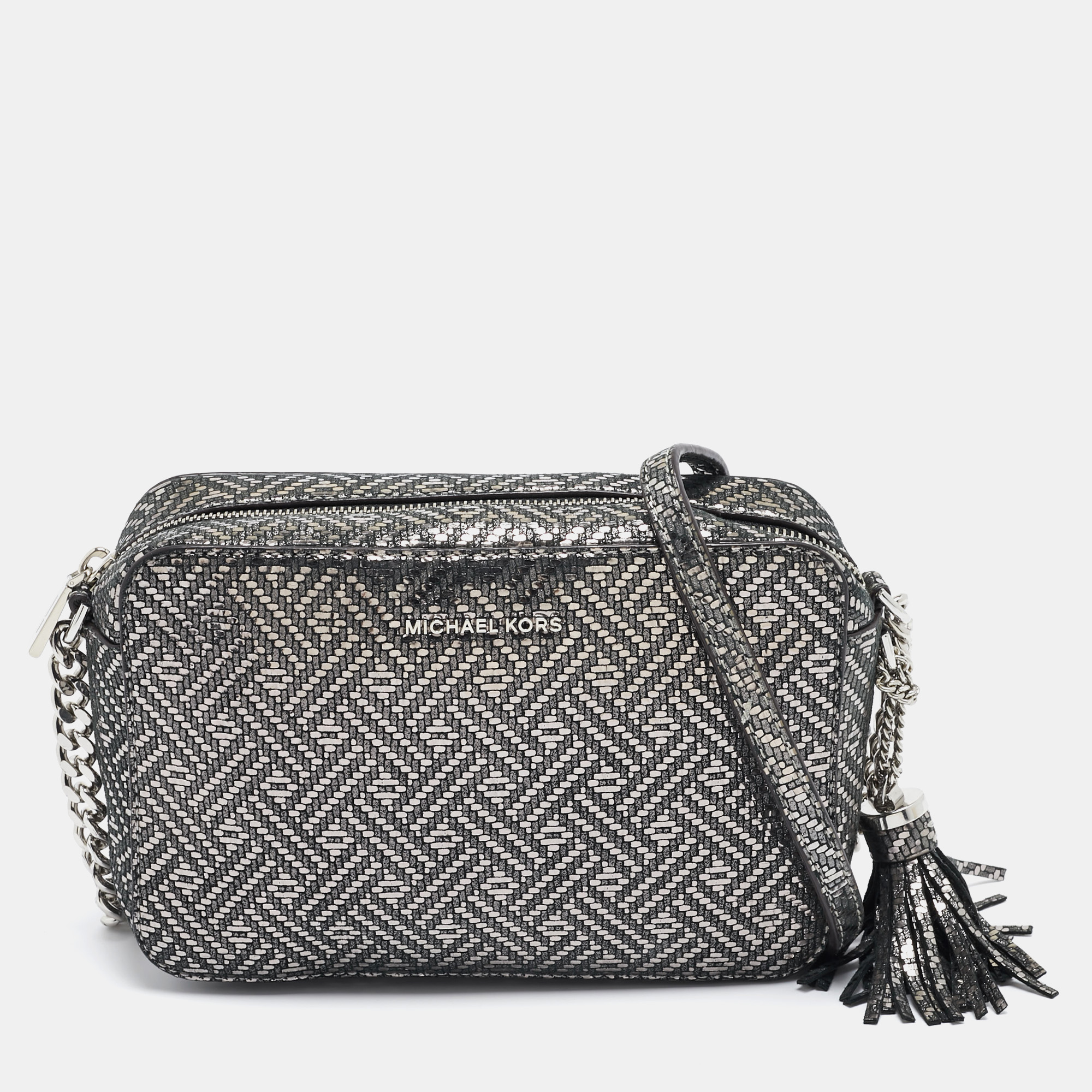 Michael kors metallic grey textured leather ginny camera crossbody bag