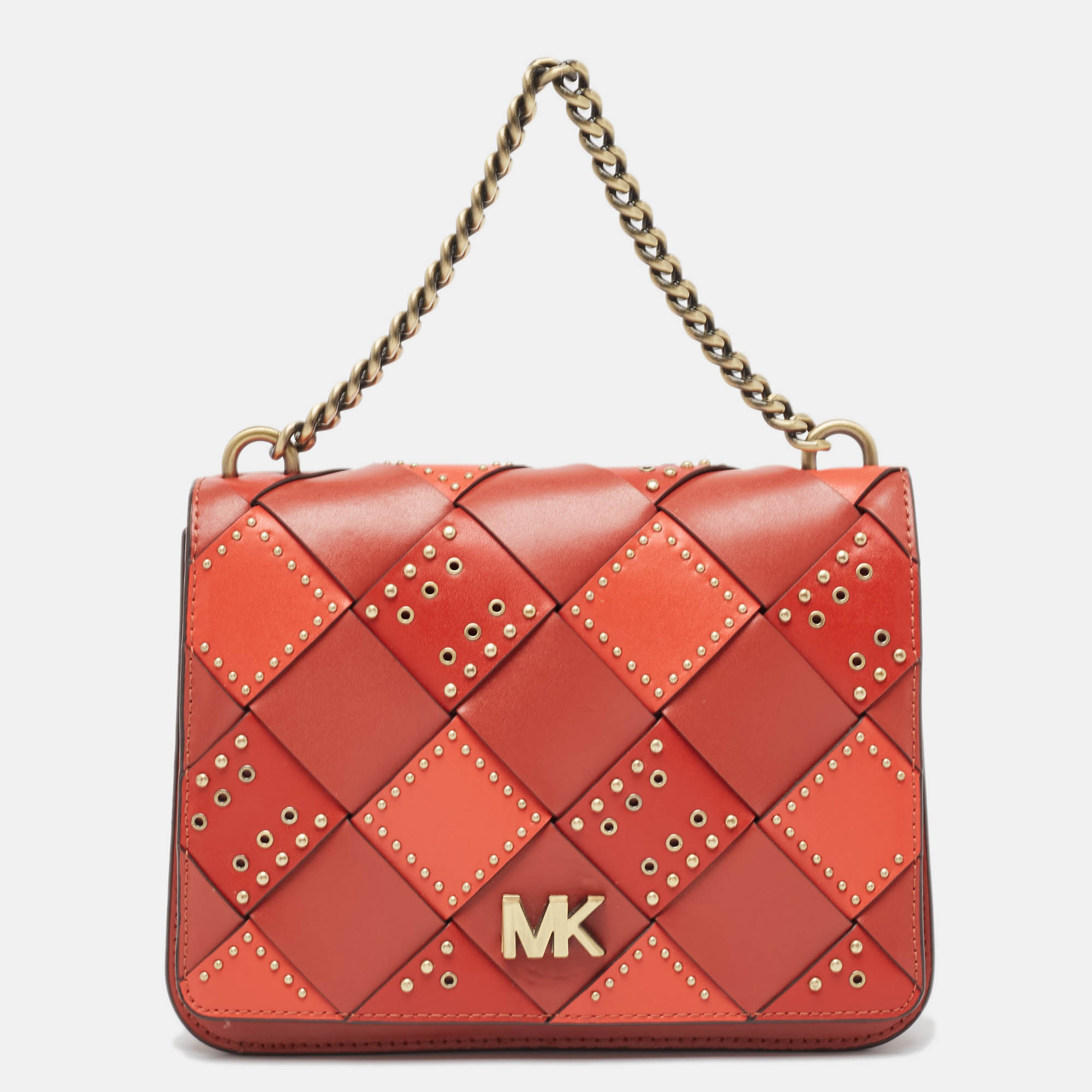 Michael kors red woven leather studded mott top handle bag