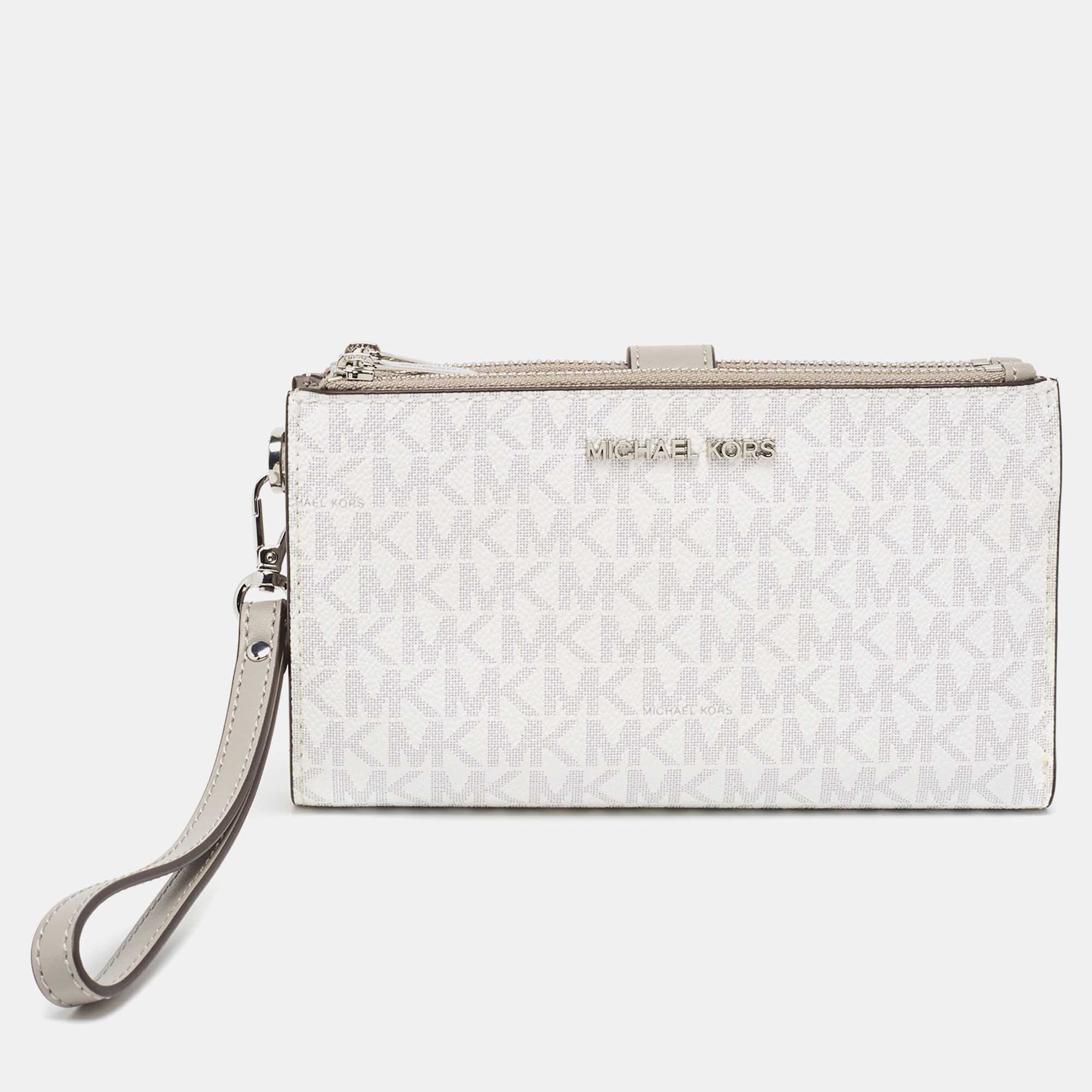 Michael kors grey/white signature coated canvas and leather adele wristlet wallet