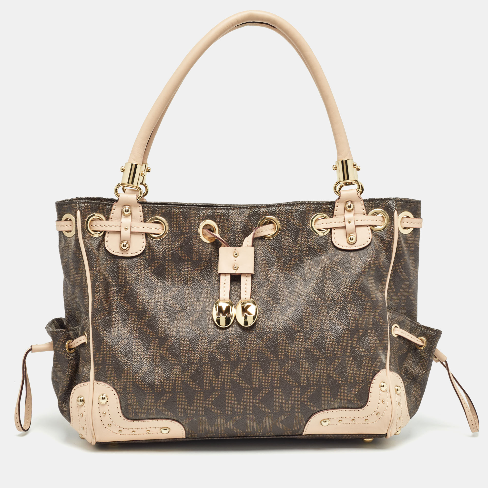 Michael kors brown/beige monogram coated canvas and leather drawstring bag