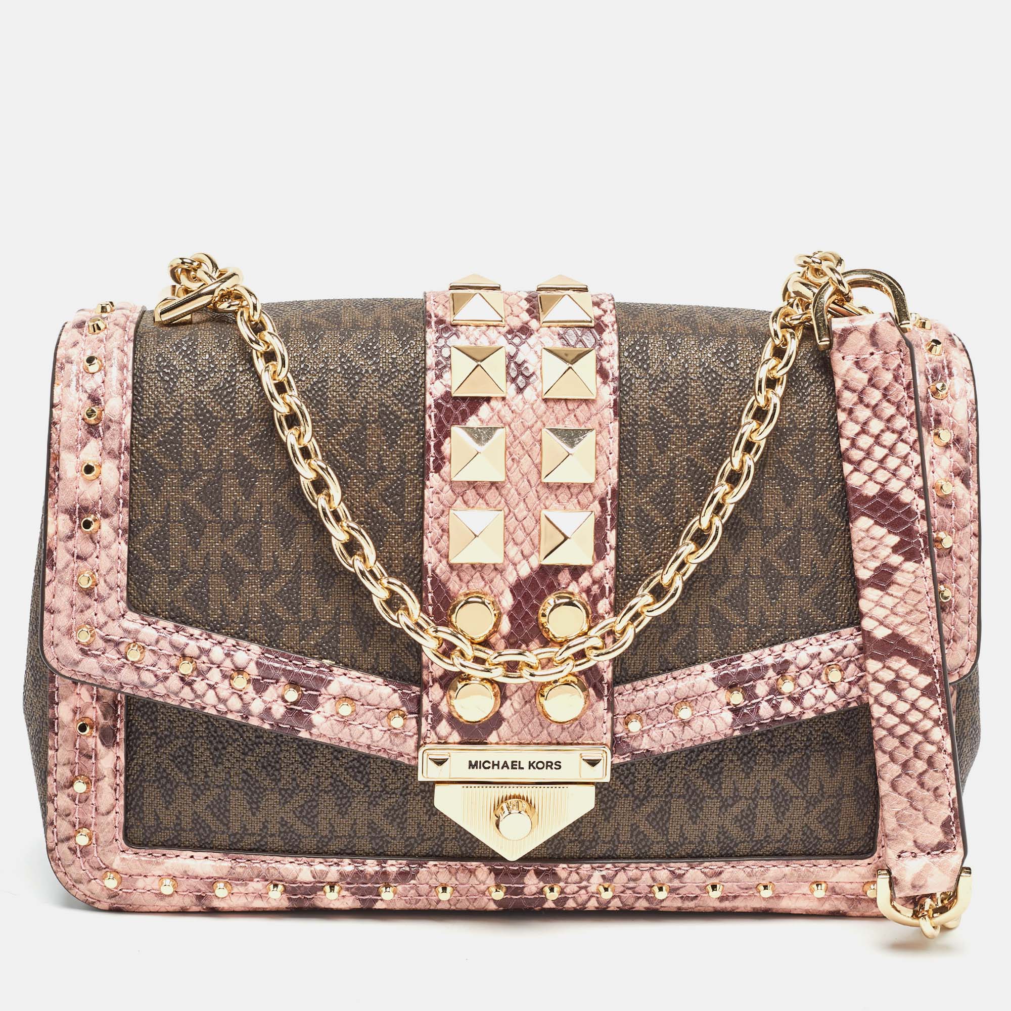 Michael kors brown/pink signature coated canvas & python embossed large studded soho shoulder bag