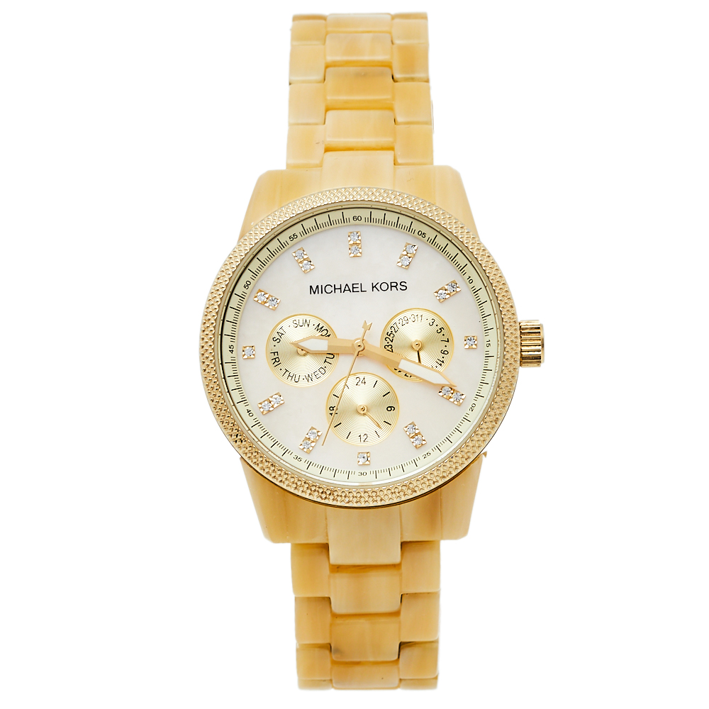 Michael Kors Mother Of Pearl Gold Tone Stainless Steel Horn Resin Jet Set MK5039 Women's Wristwatch 37 mm