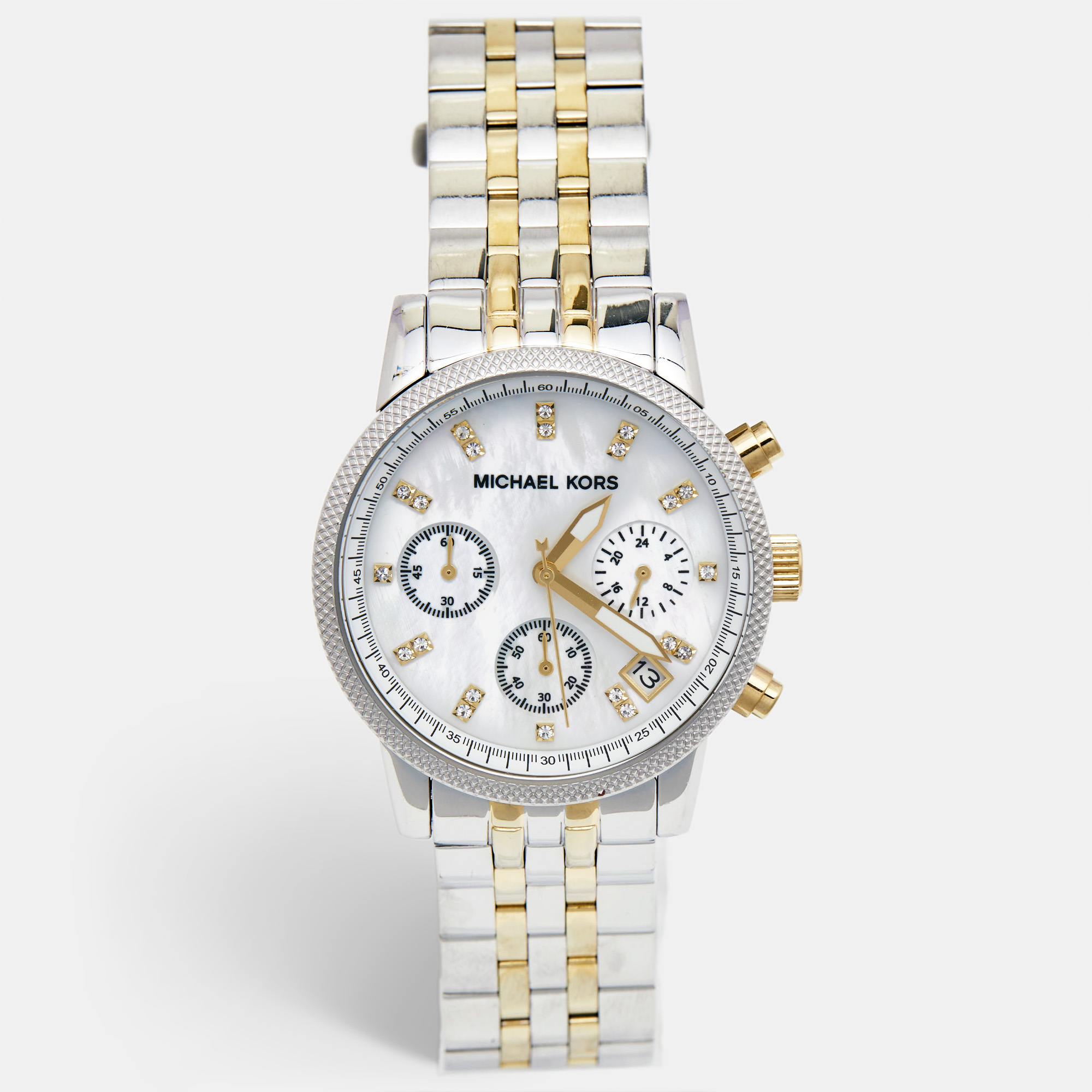 Michael Kors White Mother Of Pearl Two-Tone Stainless Steel Jet Set Series MK5057 Women's Wristwatch 36 Mm