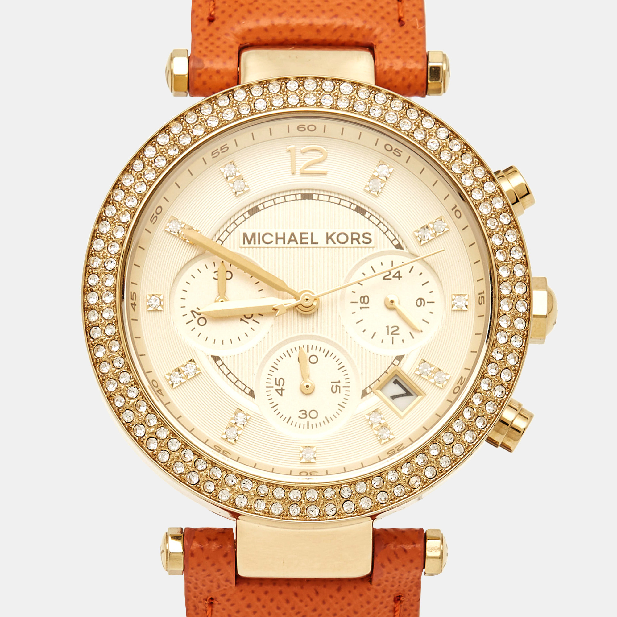 MIchael Kors Champagne Gold Plated Stainless Steel Leather Crystal Embellished Parker MK2279 Women's Wristwatch 39 Mm