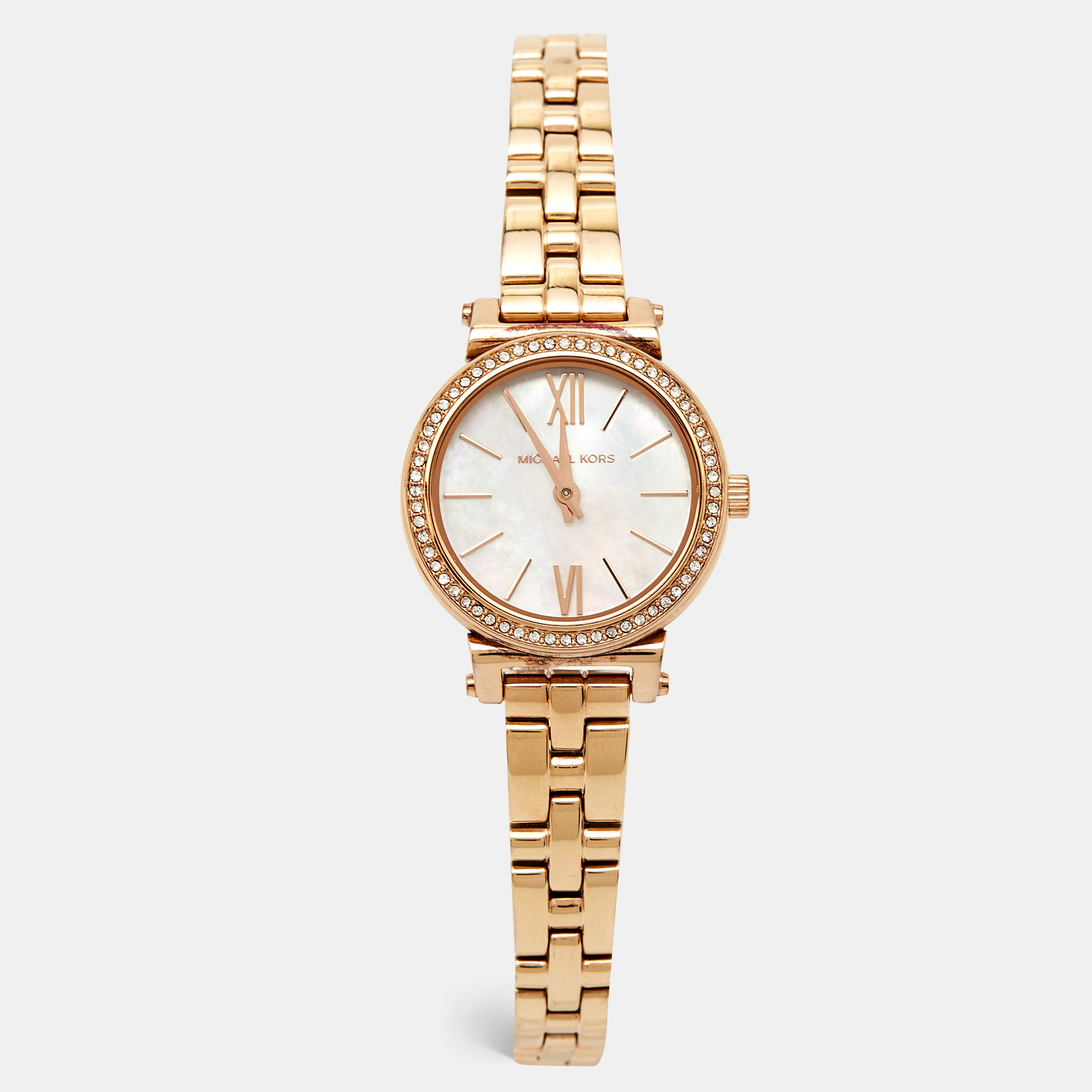 Michael kors mother of pearl rose gold plated stainless steel sofie mk3834 women's wristwatch 26 mm