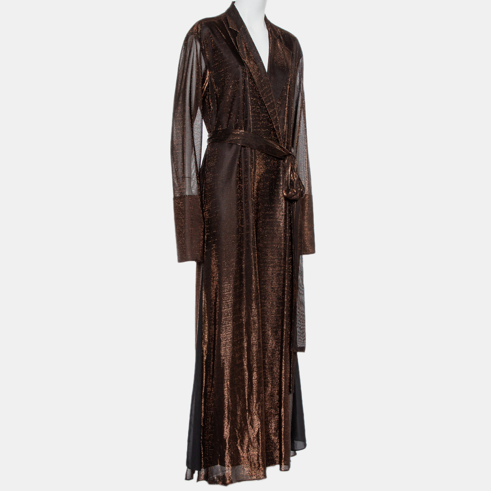 

Michael Lo Sordo Metallic Lurex Side Slit Detail Belted Collared Maxi Dress