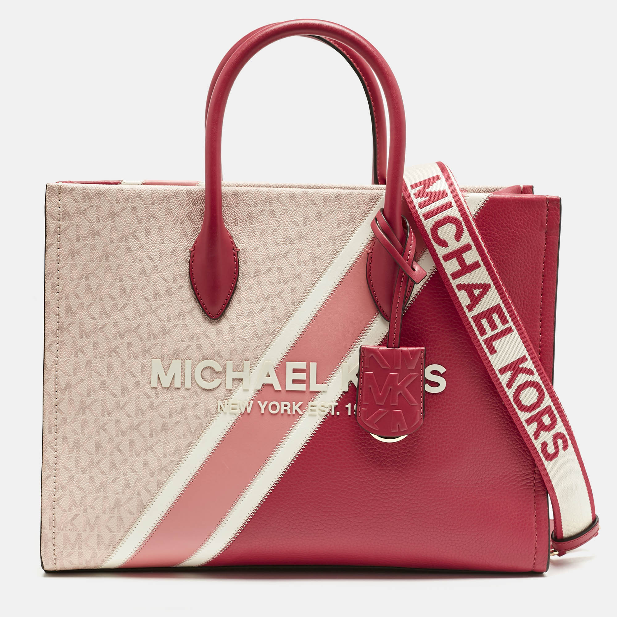MICHAEL Michael Kors Pink Signature Coated Canvas and Leather Medium Mirella EW Tote
MICHAEL Michael Kors Pink Signature Coated Canvas and Leather Medium Mirella EW Tote