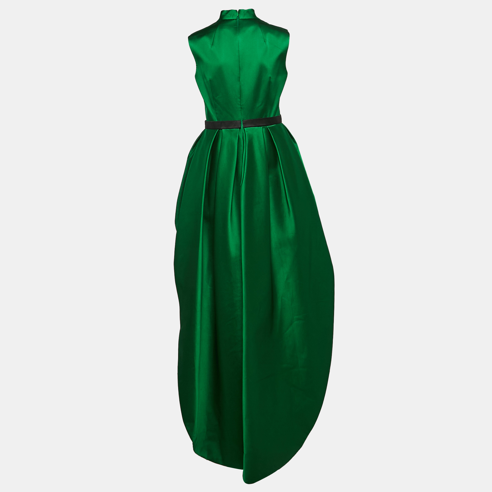 Paule Ka Green/Black Silk Asymmetric V-Neck Gown S