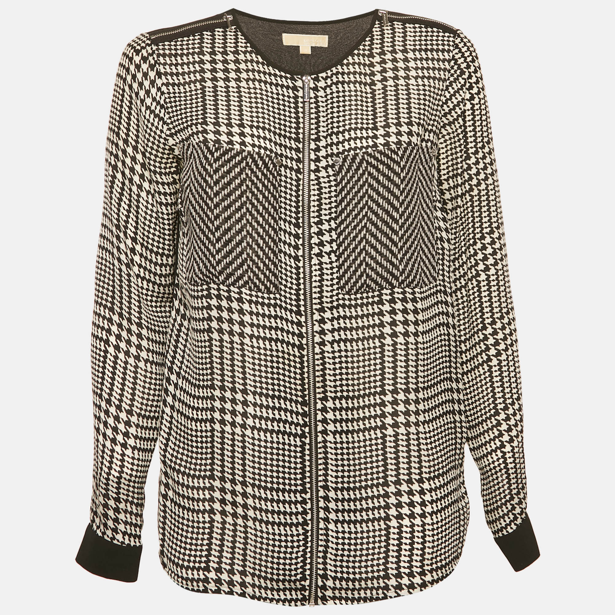 MICHAEL Michael Kors Black Houndstooth Printed Silk Zip Front Top XS
MICHAEL Michael Kors Black Houndstooth Printed Silk Zip Front Top XS