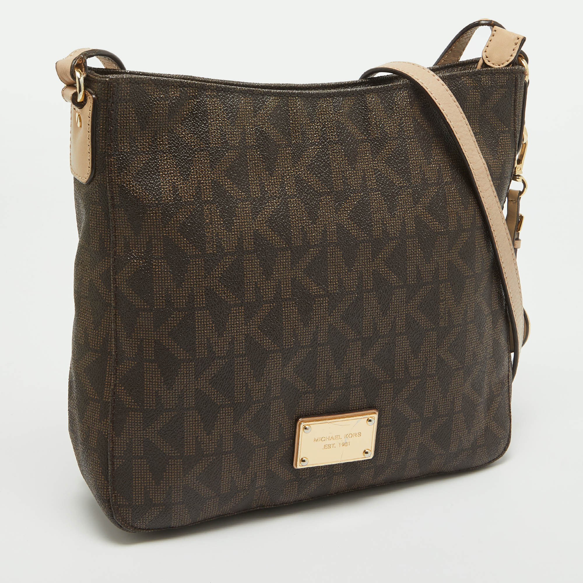 MICHAEL Michael Kors Brown/Beige Sigature Coated Canvas And Leather Jet Set Travel Messenger Bag