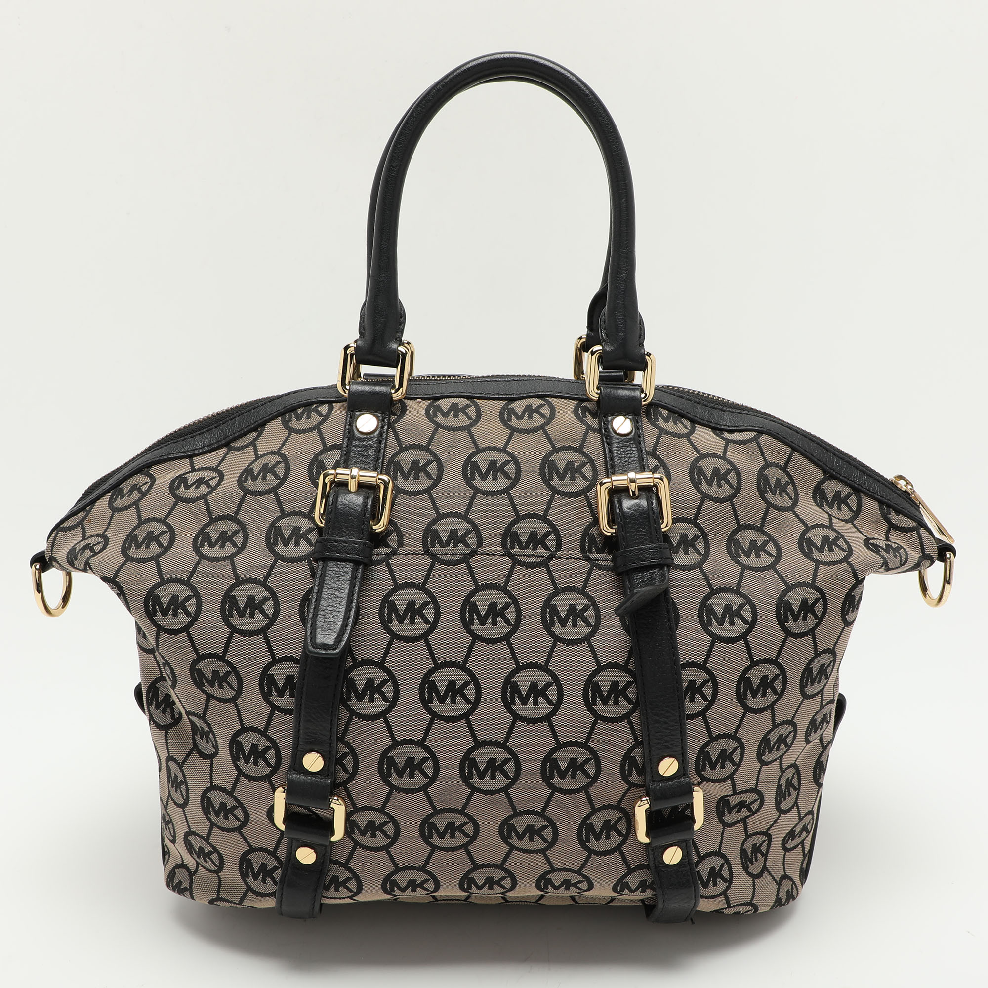 MICHAEL Michael Kors Beige/Black Monogram Canvas And Leather Bedford Satchel