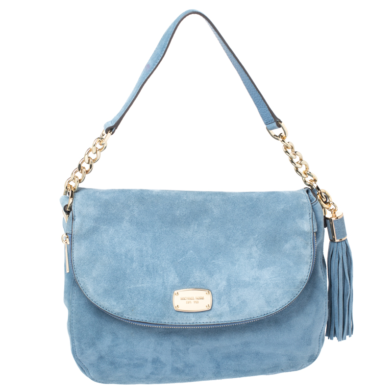 Image of Michael Michael Kors Sky Blue Nubuck Bedford Shoulder Bag