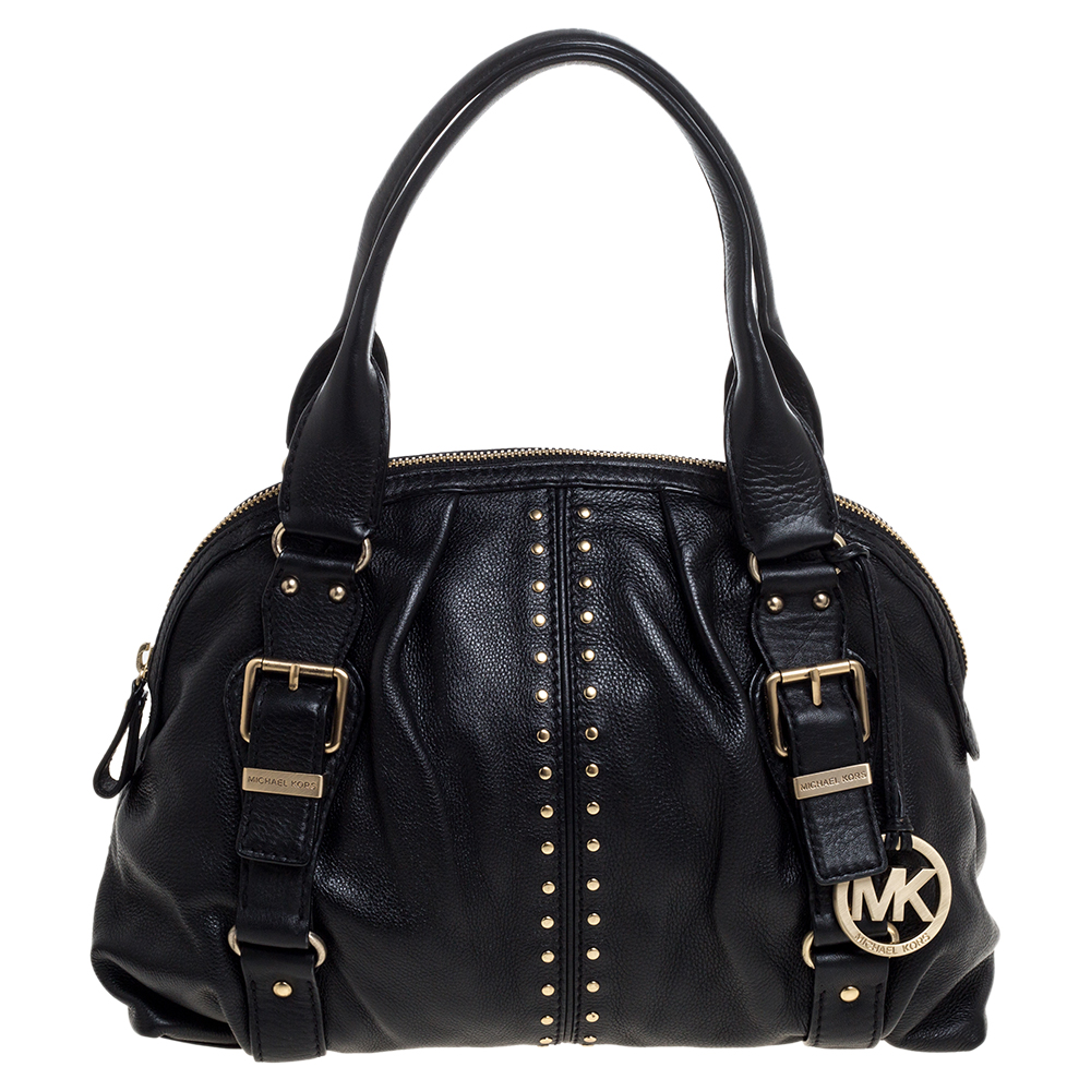 Image of Michael Michael Kors Black Leather Studded Bedford Satchel
