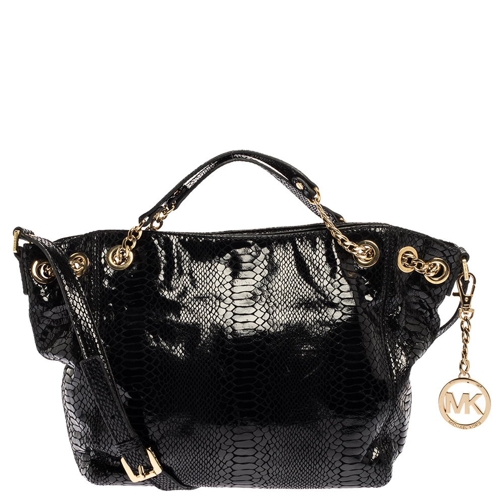 Image of MICHAEL Michael Kors Black Snakeskin Effect Leather Chain Shoulder Bag