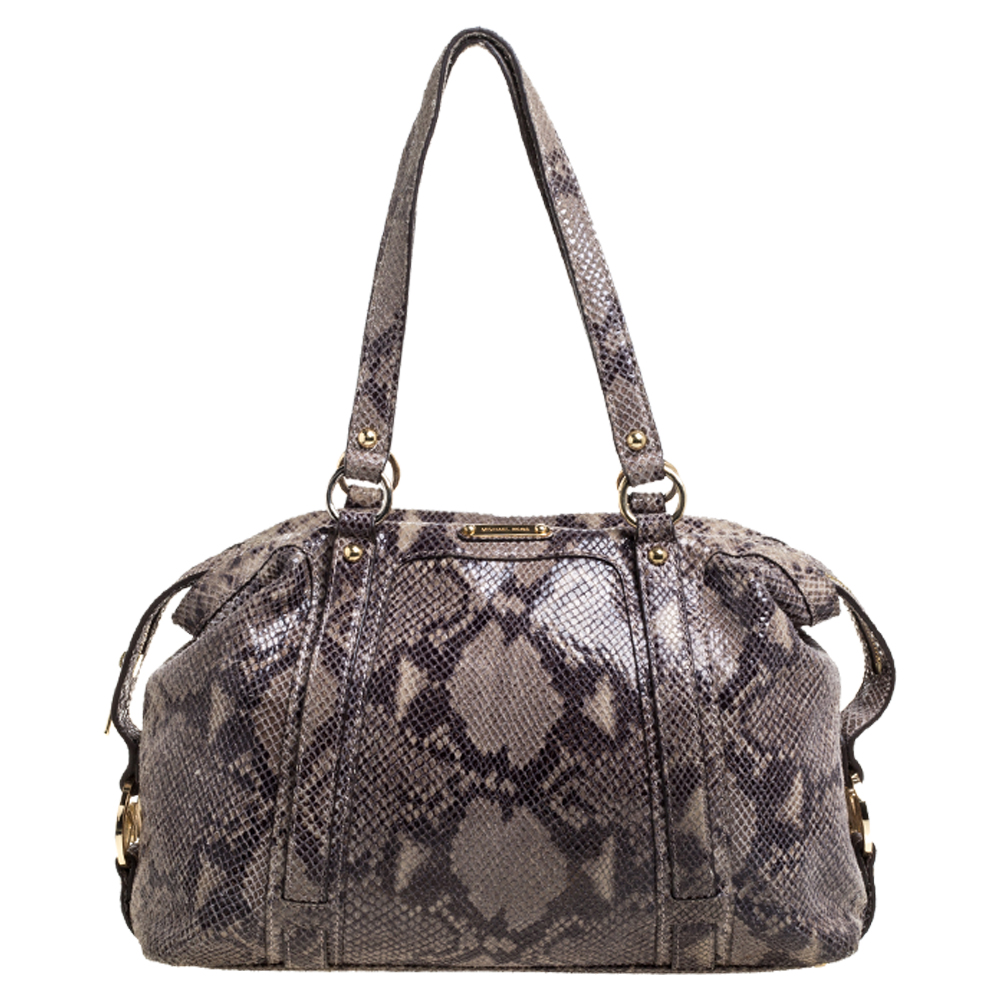 Image of Michael Kors Grey/Black Python Embossed Leather Satchel