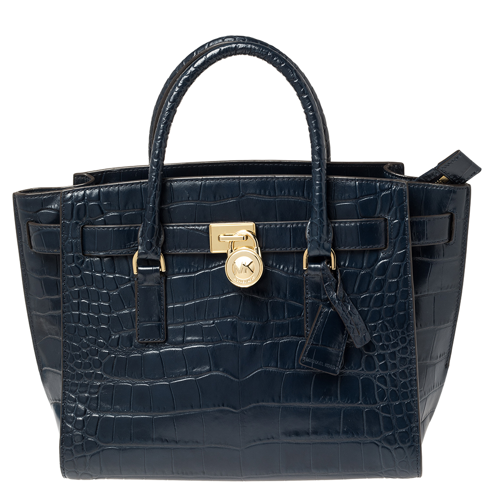Image of MICHAEL Michael Kors Blue Croc Embossed Leather Hamilton East West Satchel