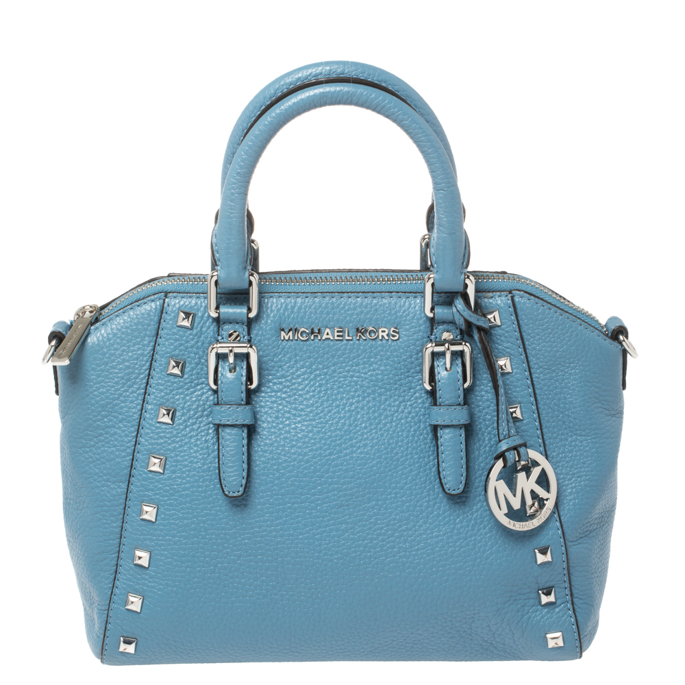 Image of MICHAEL Michael Kors Blue Leather Medium Studded Ciara Satchel