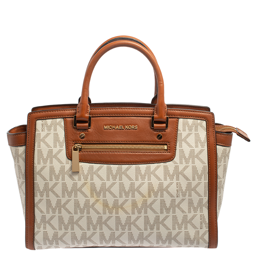 MICHAEL Michael Kors White/Brown Signature Coated Canvas and Leather Large Selma Tote