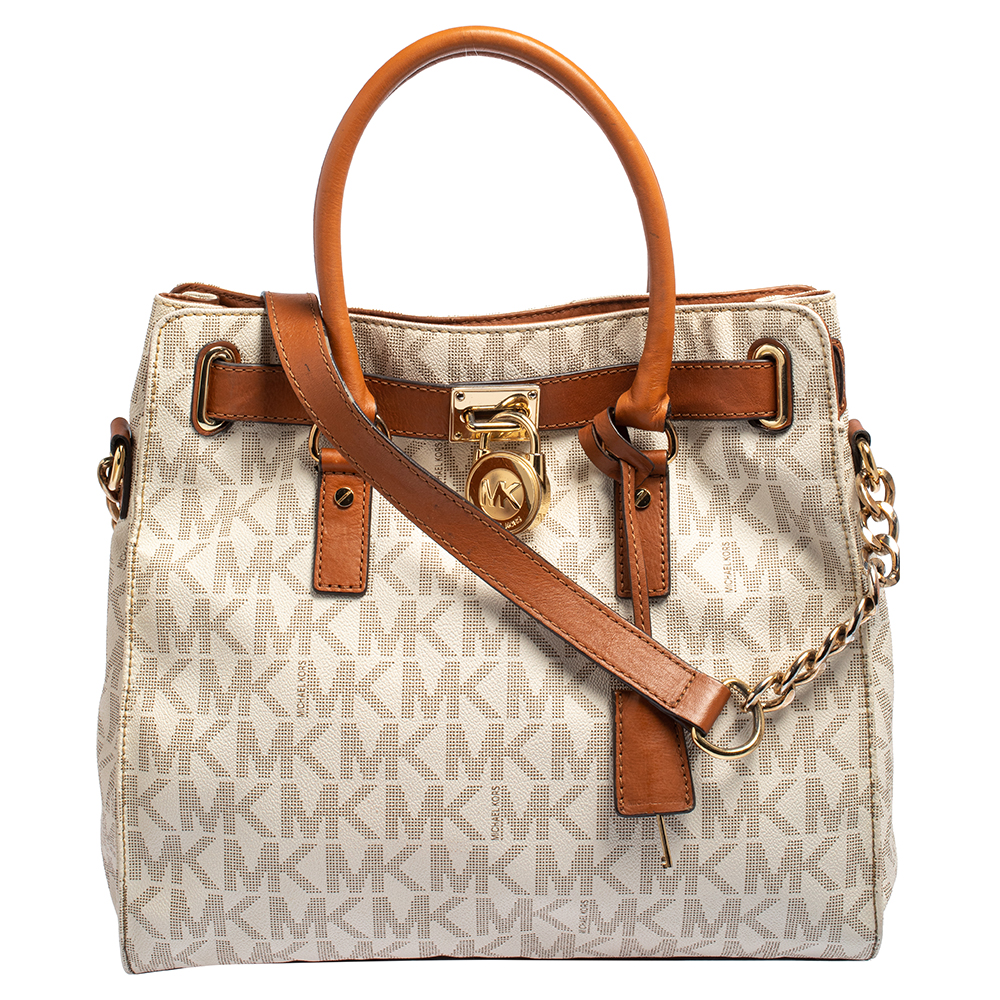 MICHAEL Michael Kors White Signature Coated Canvas and Leather Large Hamilton North South Tote