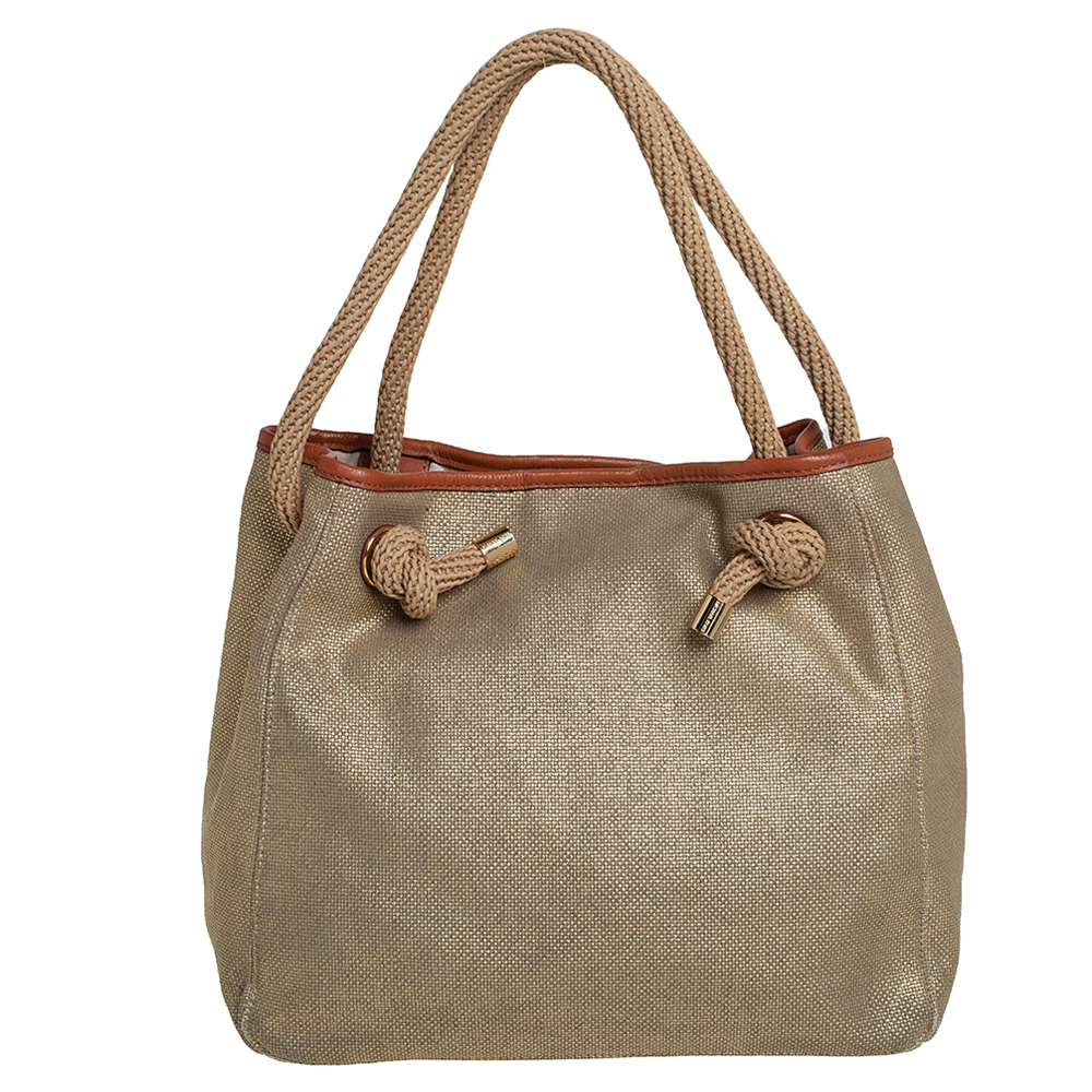 Michael michael kors metallic beige/brown canvas and leather large isla tote