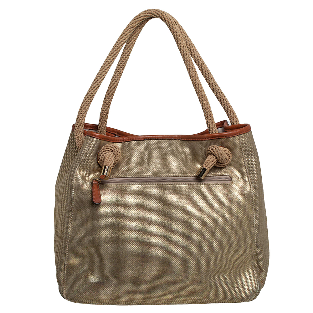 MICHAEL Michael Kors Metallic Beige/Brown Canvas And Leather Large Isla Tote