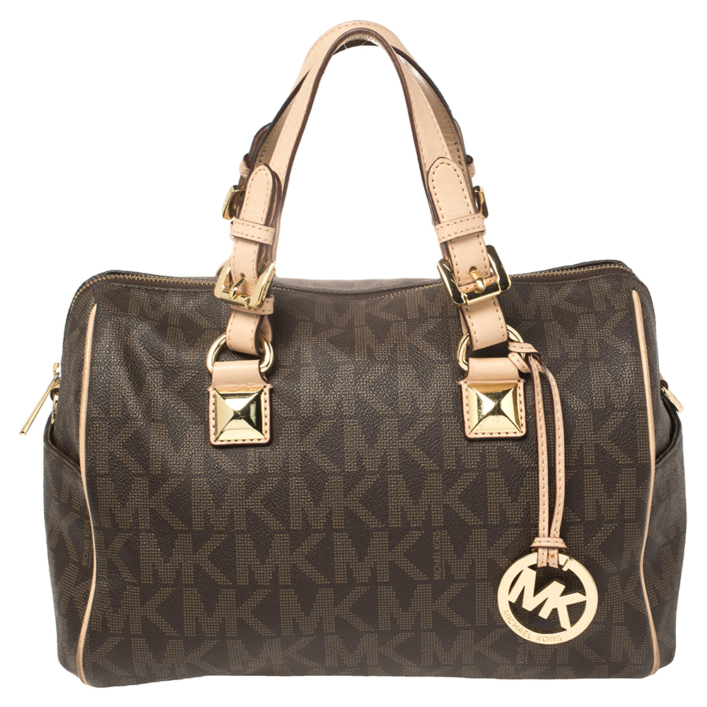 MICHAEL Michael Kors Brown/Beige Signature Coated Canvas and Leather Grayson Boston Bag