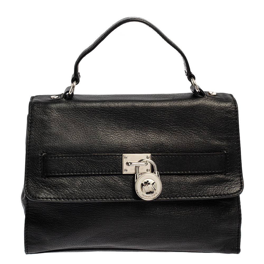 MICHAEL Michael Kors Black Pebbled Leather Padlock Flap Top Handle Bag