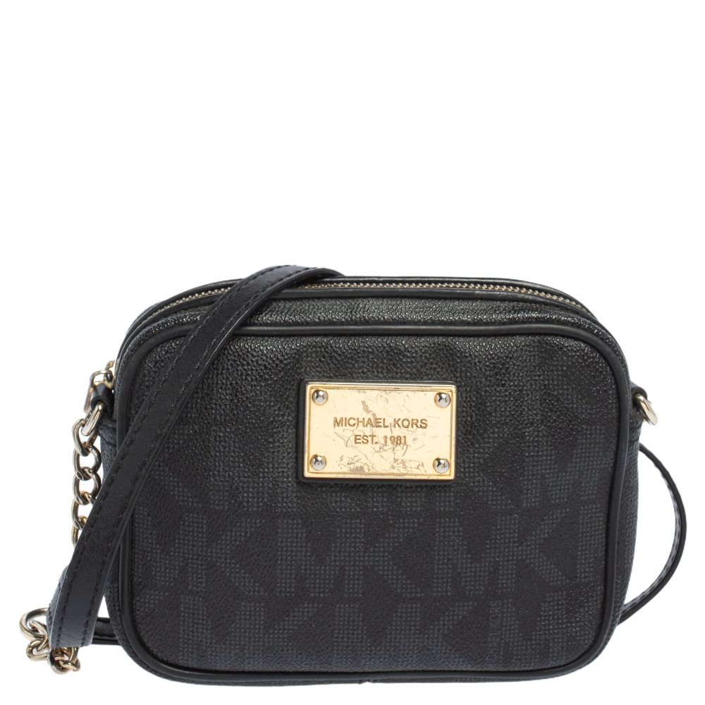 MICHAEL Michael Kors Black/Grey Signature Coated Canvas and Leather Crossbody Bag