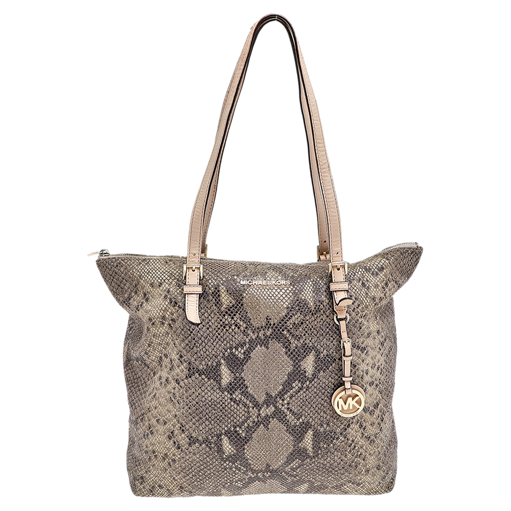 Michael michael kors khaki/black python effect leather tote