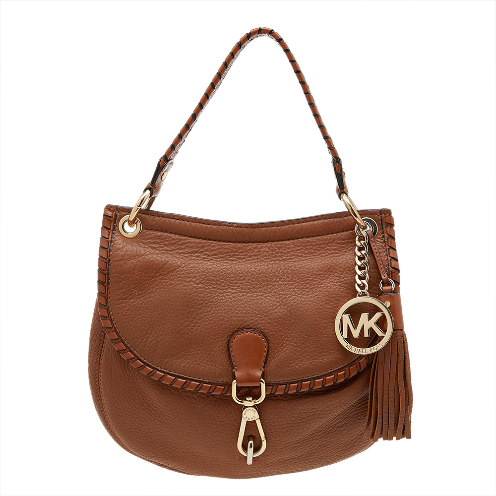 Michael michael kors brown leather tassel braided flap top handle bag