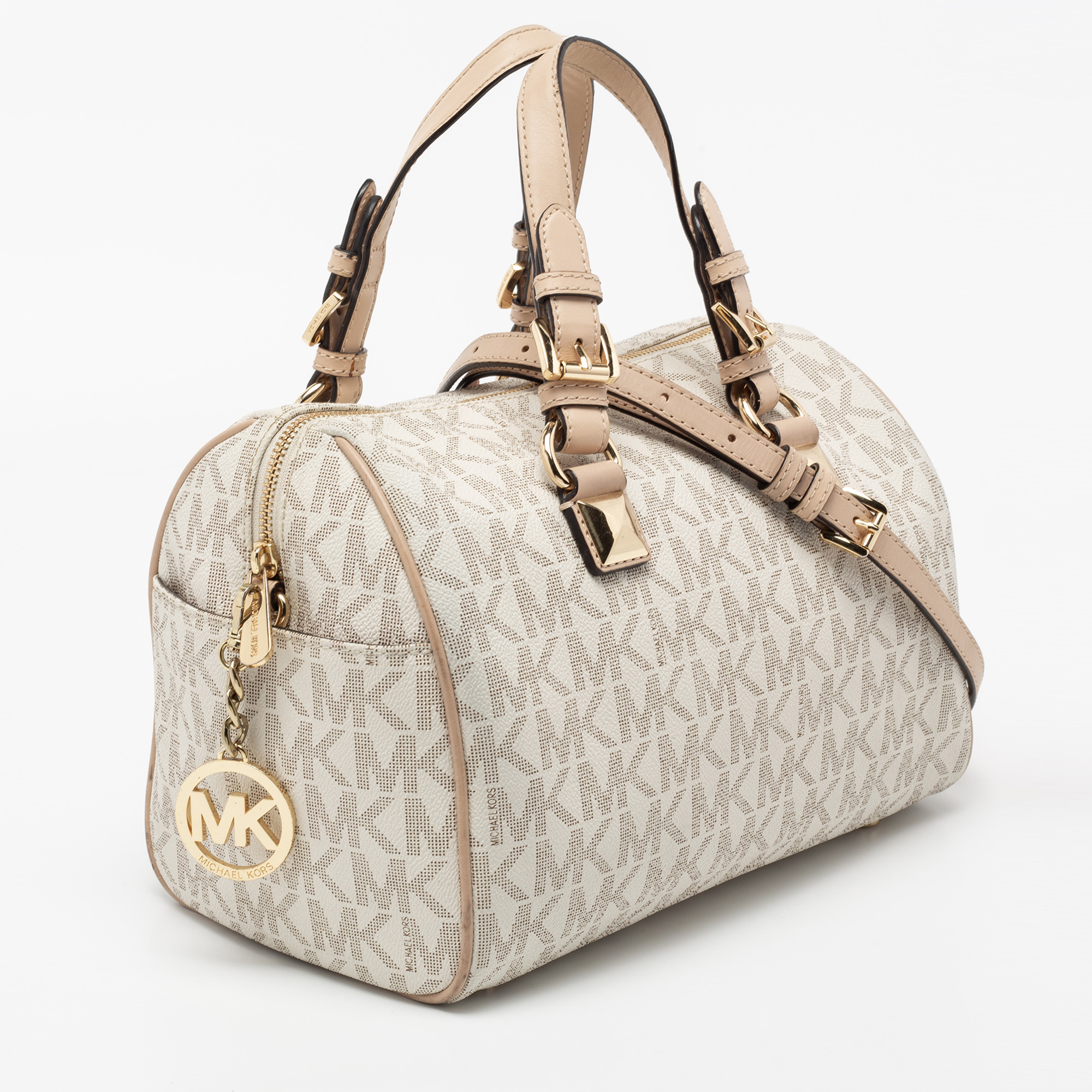 MICHAEL Michael Kors White/Beige Signature Coated Canvas And Leather Grayson Boston Bag