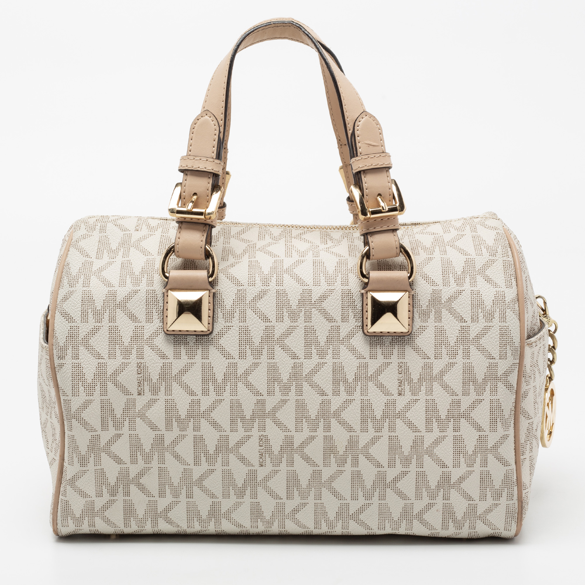 MICHAEL Michael Kors White/Beige Signature Coated Canvas And Leather Grayson Boston Bag