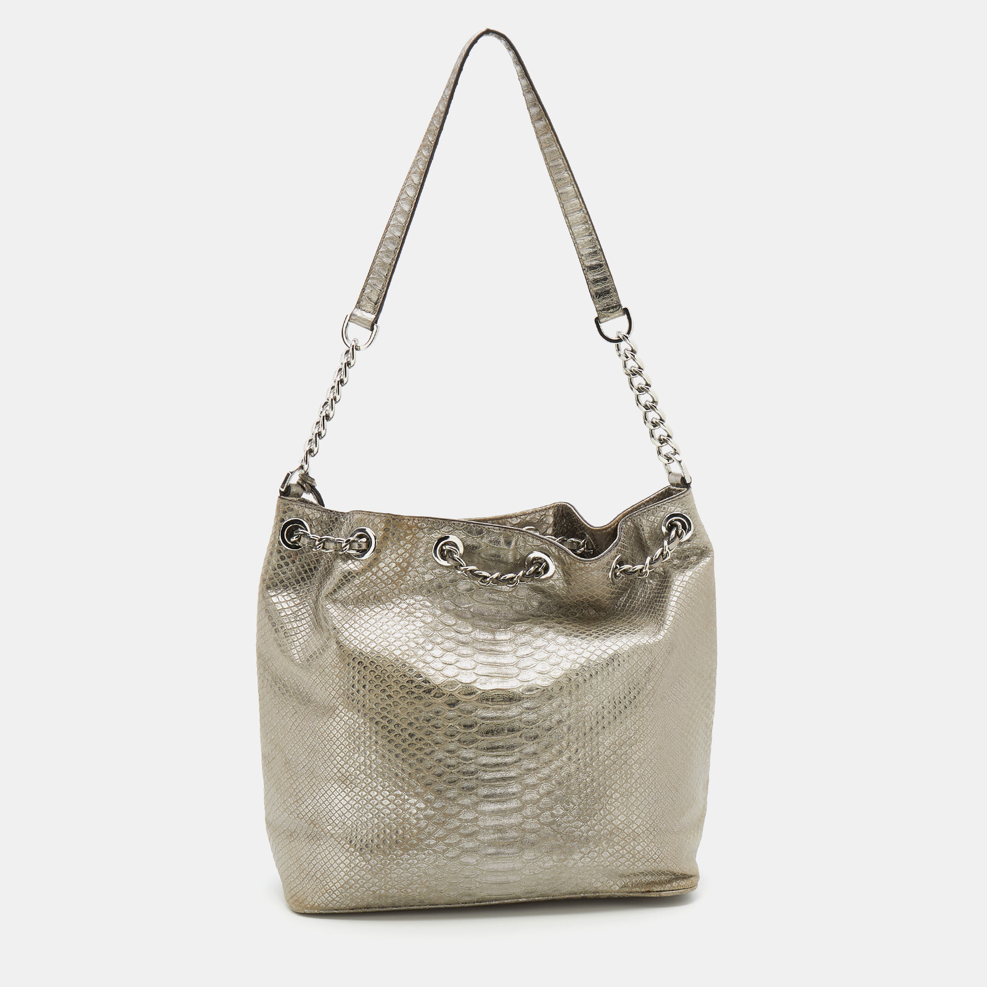 MICHAEL Michael Kors Metallic Silver Python Embossed Leather Frankie Drawstring Bag