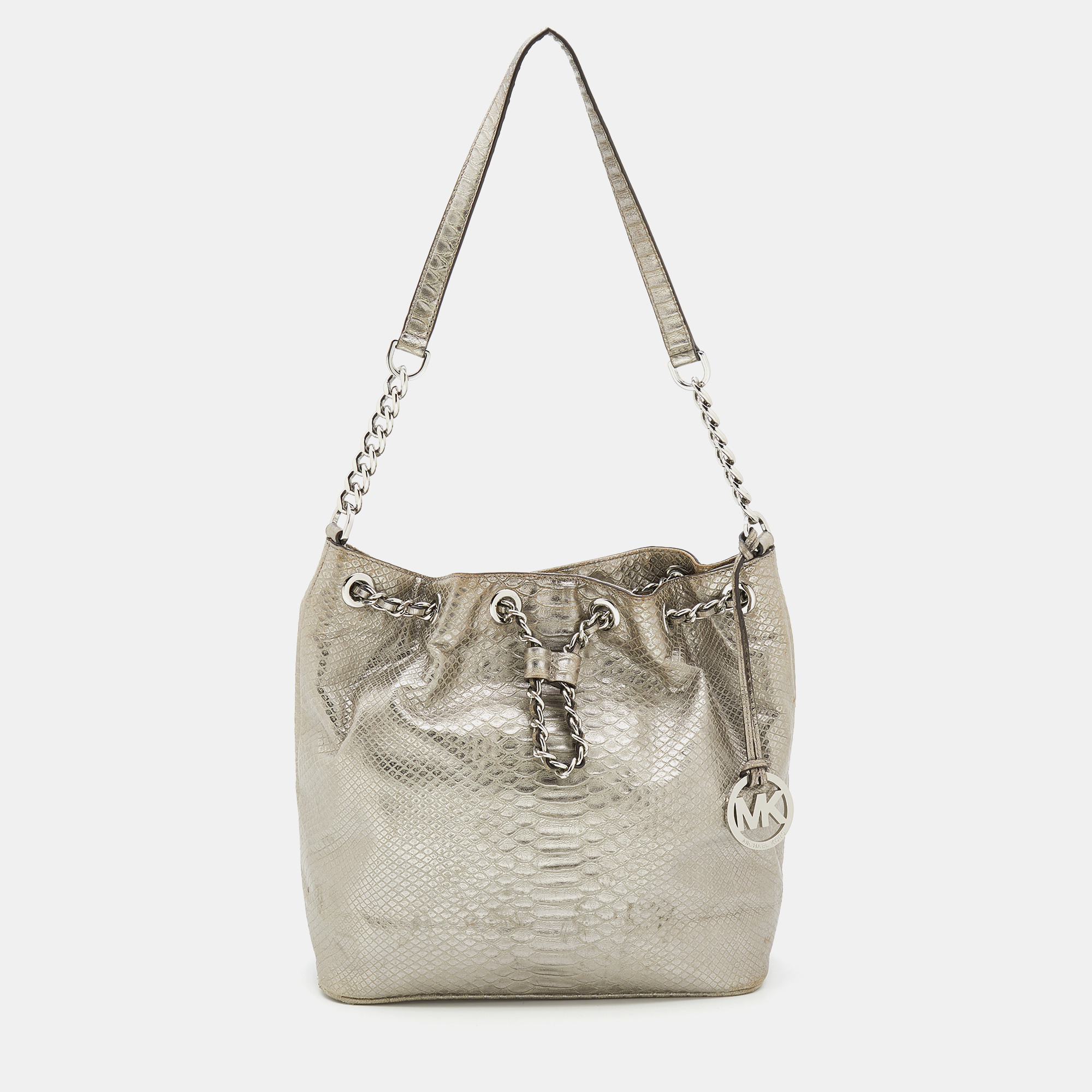 MICHAEL Michael Kors Metallic Silver Python Embossed Leather Frankie Drawstring Bag