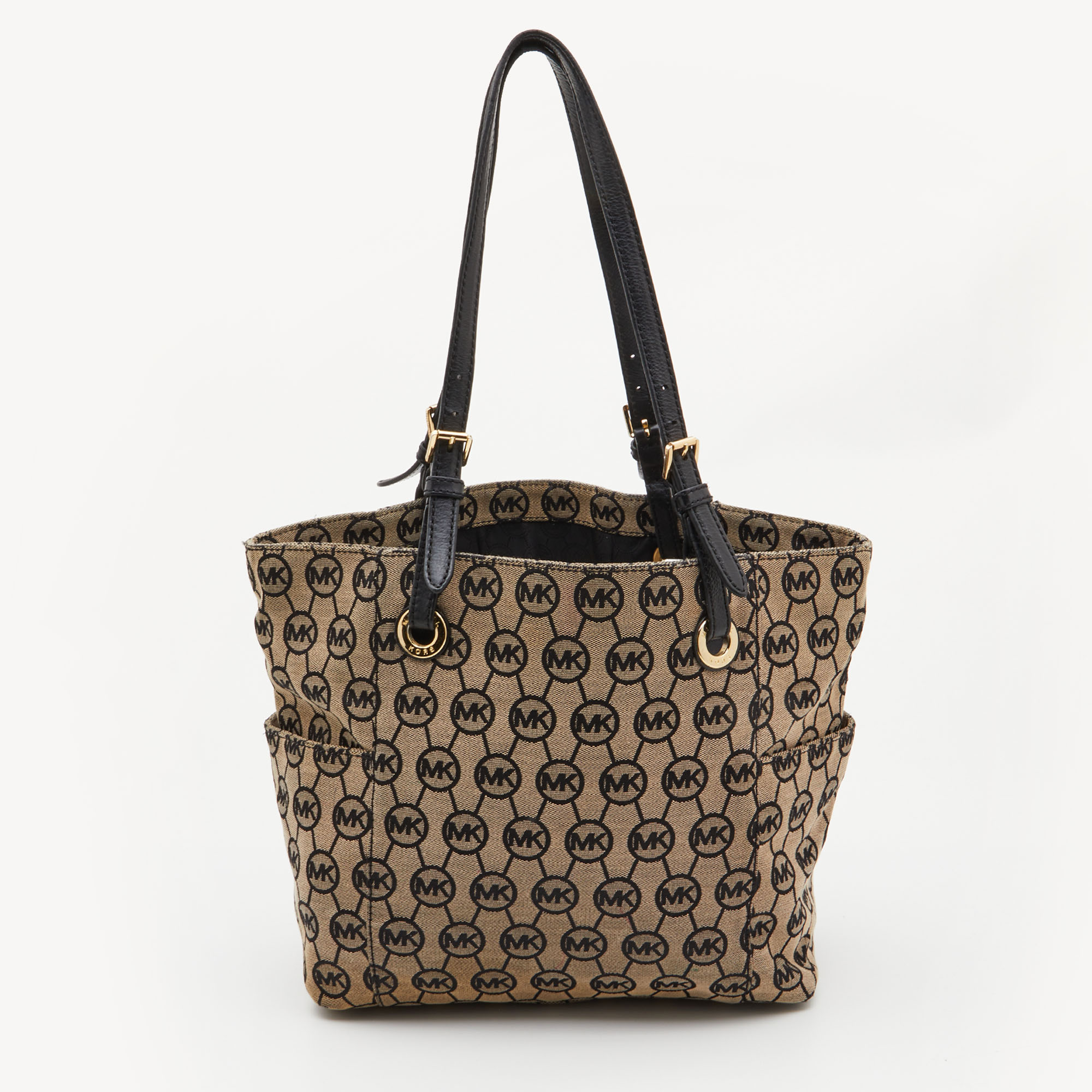 MICHAEL Michael Kors Beige/Black Signature Canvas And Leather Jet Set Tote