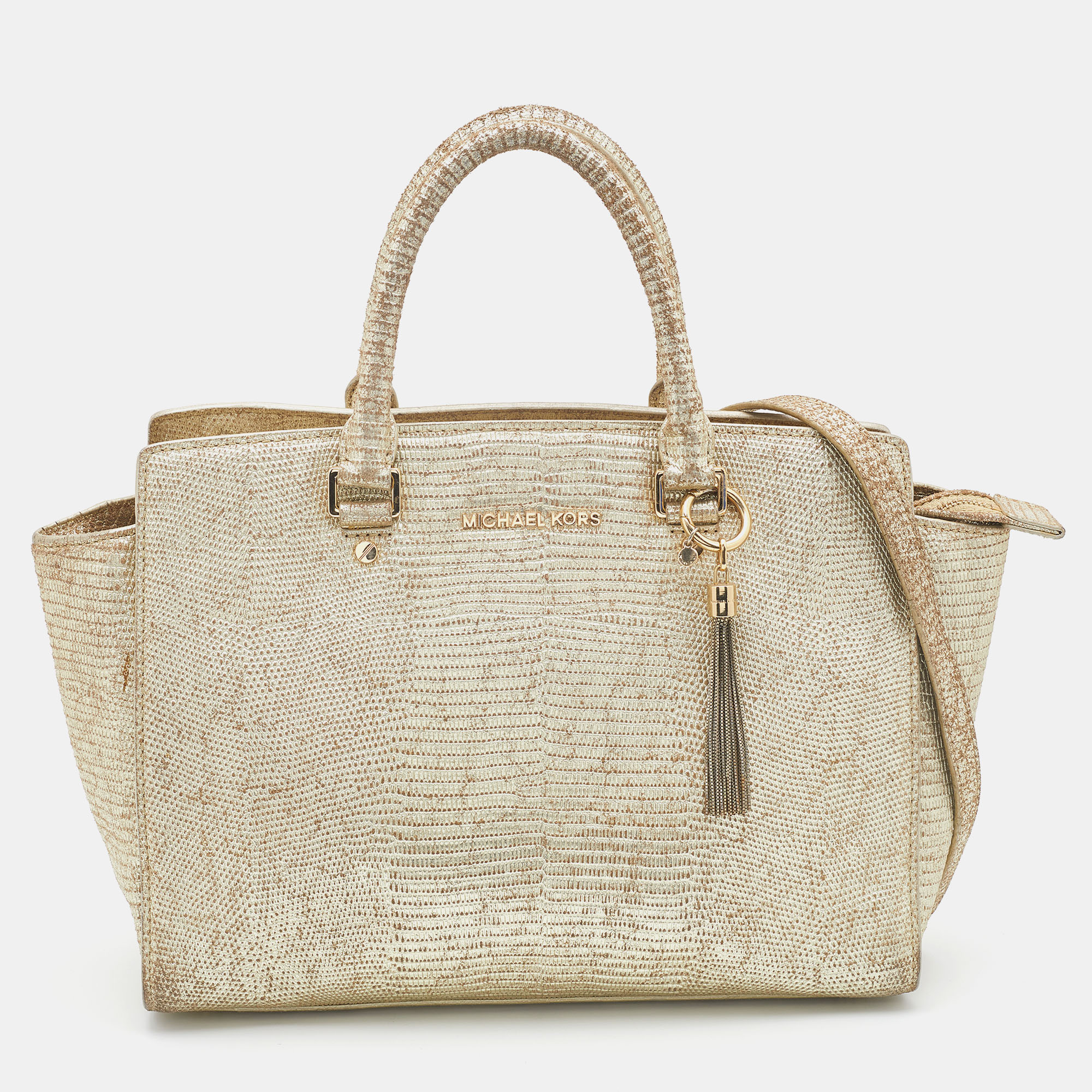 

MICHAEL Michael Kors Gold Snakeskin Embossed Leather Large Selma Satchel