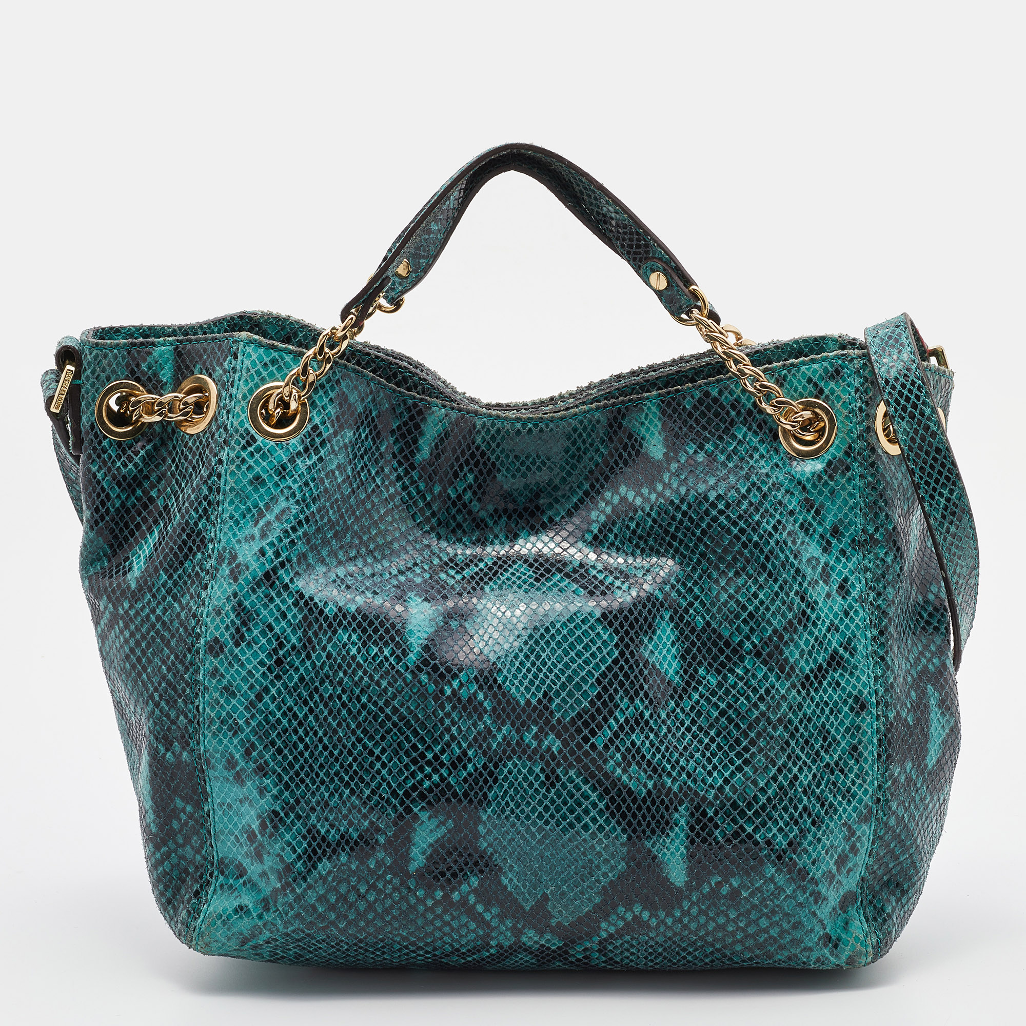 

MICHAEL Michael Kors Green/Black Python Embossed Leather Jet Set Chain Hobo